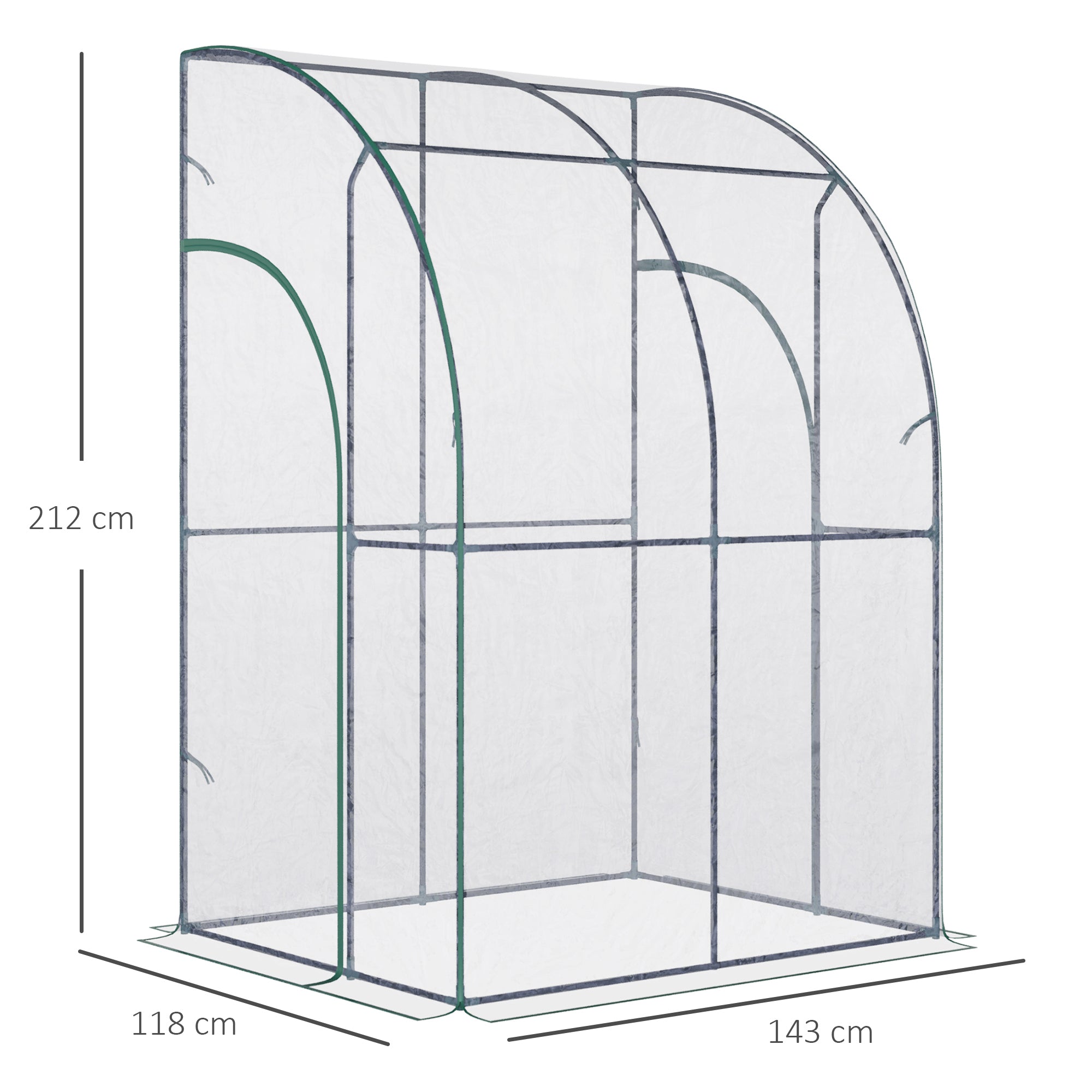 Outsunny Outdoor Walk-In Lean to Wall Tunnel Greenhouse w/ Zippered Roll Up Door PVC Cover, Clear, Green 143cm x 118cm x 212cm