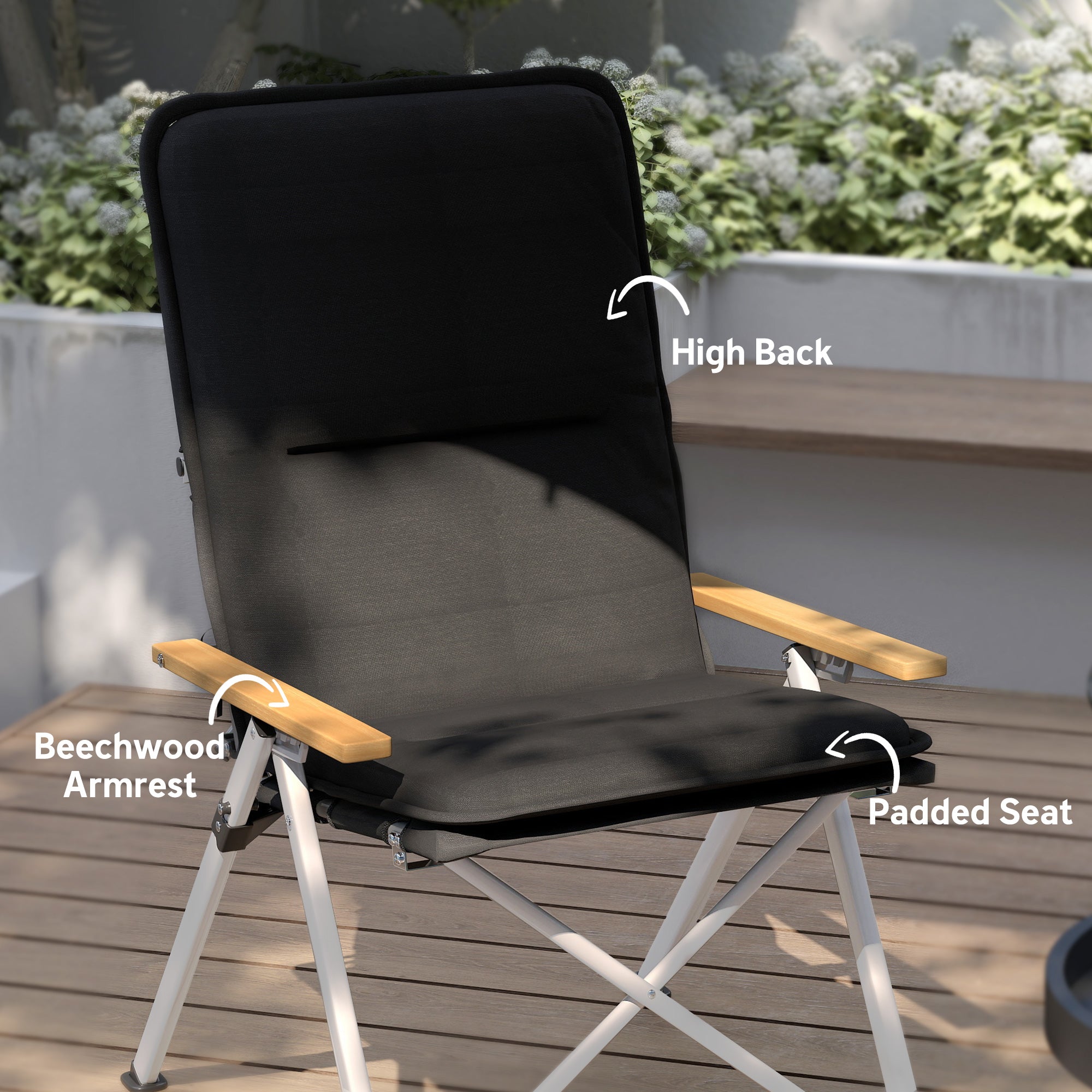 Outsunny Portable Camping Chair for Adults, High Back Folding Chair with Padded Seat and Carry Bag, Outdoor Recliner for Hiking, Fishing, Beach and Picnic, Black - North Peak Garden Furniture