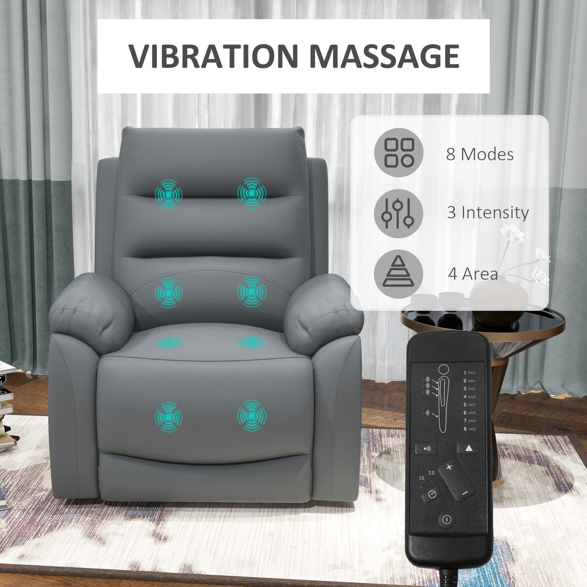 HOMCOM Electric Riser and Recliner for Elderly with 8 Vibration Massage, PU Leather Power Lift Recliner Chair for Living Room with Side Pockets, Footrest, Grey - North Peak Garden Furniture