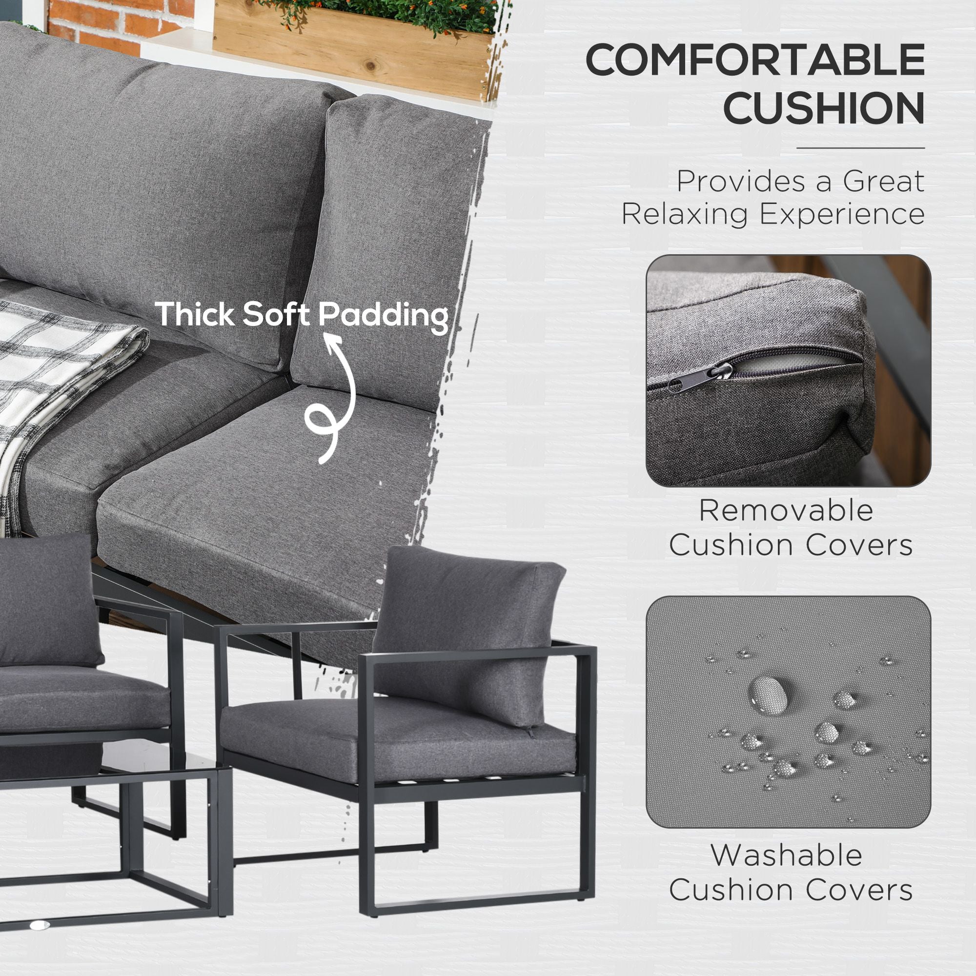 Outsunny 4 Pieces Garden Sofa Set 2 Single Armchair 1 Bench & Side Table Set Aluminium Frame Patio Furniture with Cushions Grey - North Peak Garden Furniture