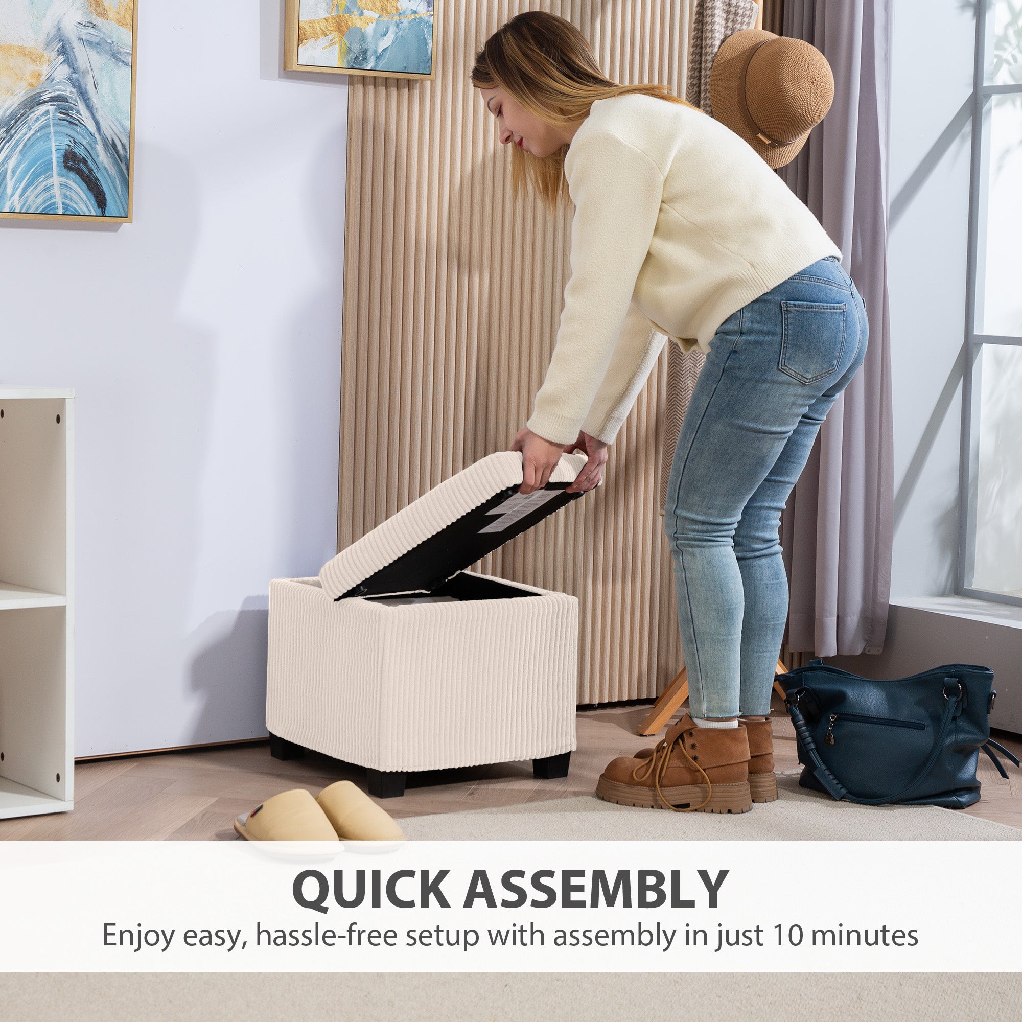 HOMCOM Storage Ottoman Bench, Corduroy Footstool with Removable Lid and Legs, 40cm Storage Chest Box for Living Room, Bedroom, Hallway, Beige - North Peak Garden Furniture