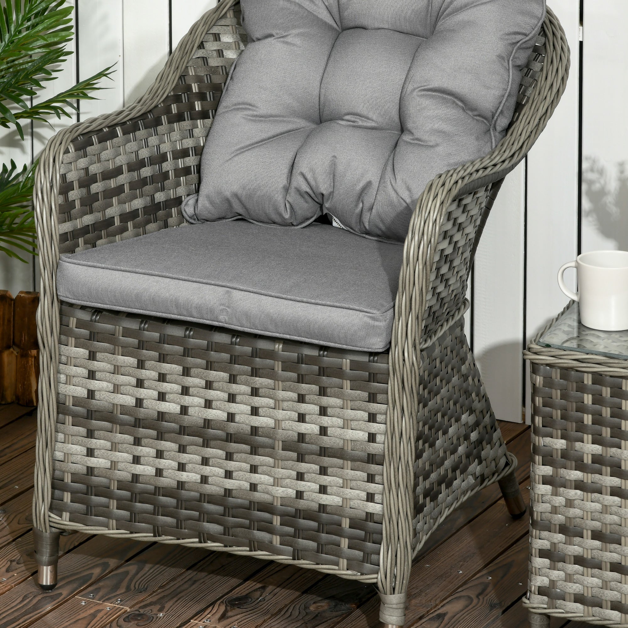 Outsunny 3 Pieces Rattan Bistro Set, Wicker Garden Furniture Set, Glass Top Coffee Table and Chairs with Cushions for Outdoor, Patio, Balcony, Grey - North Peak Garden Furniture