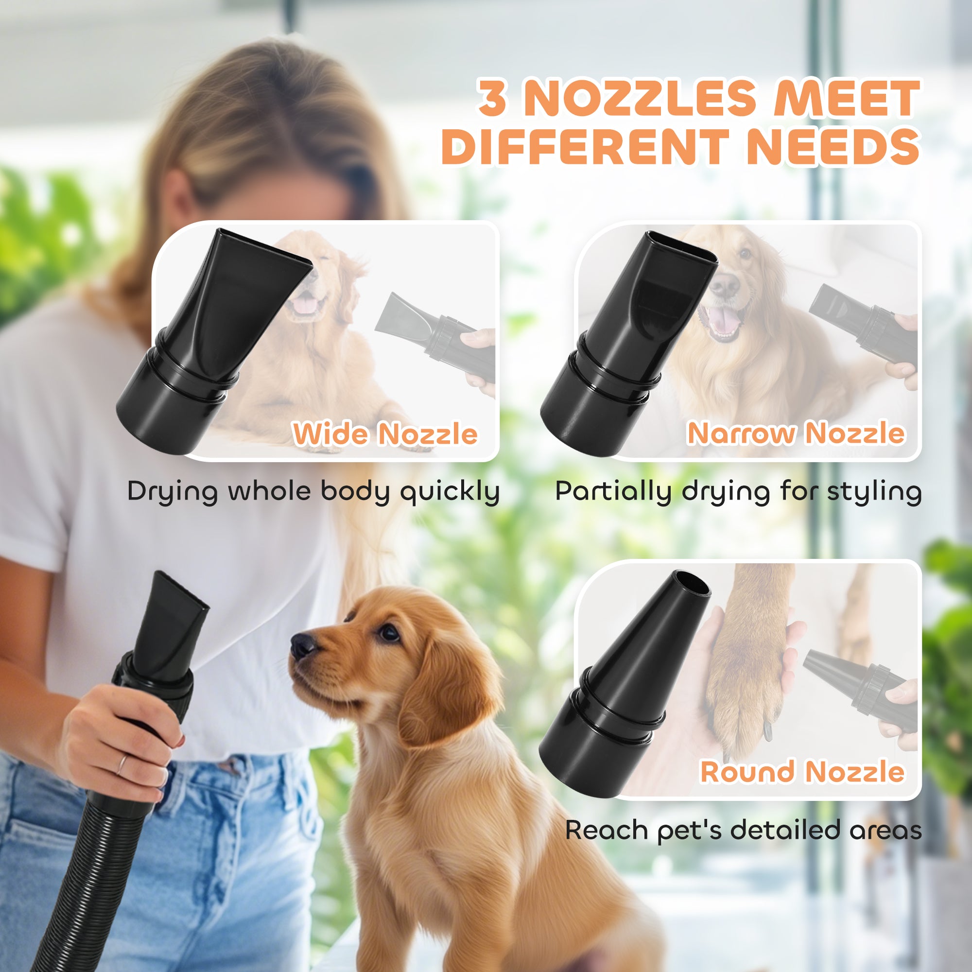 PawHut 2200W Dog Hair Dryer with Adjustable Temperature & Velocity, 3 Different Nozzles, Black - North Peak Garden Furniture