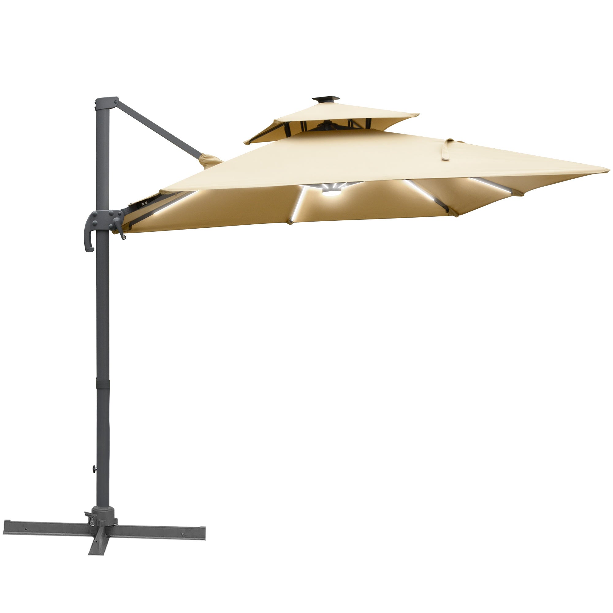 Outsunny 3m Cantilever Parasol, Outdoor Offset Patio Umbrella, Solar LED Lighted Hanging Sun Shade Canopy with Tilt and Crank Handle, Cross Base for Lawn, Khaki