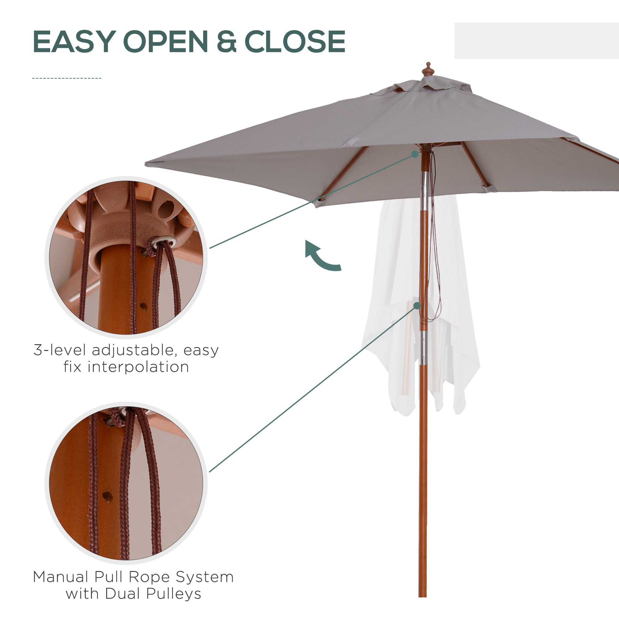 Outsunny 2m x 1.5m Patio Garden Parasol Sun Umbrella Sunshade Canopy Outdoor Backyard Furniture Fir Wooden Pole 6 Ribs Tilt Mechanism - Grey