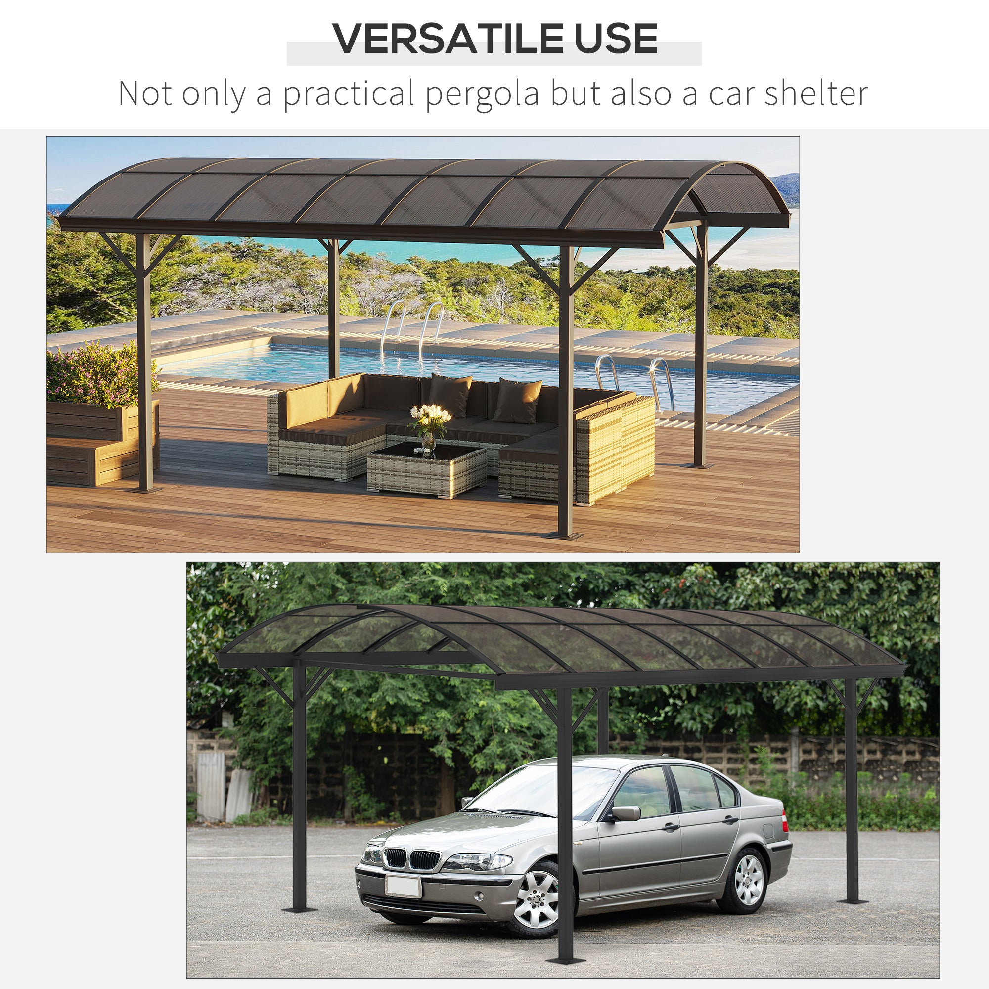 Outsunny 5 x 3(m) Hardtop Gazebo Aluminium Pavilion Carport Garden Shelter Pergola with Polycarbonate Roof, Brown - North Peak Garden Furniture