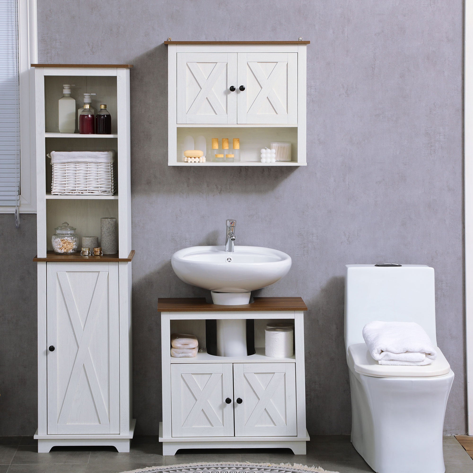 kleankin On-Wall Farmhouse Bathroom Storage Cabinet - White - North Peak Garden Furniture