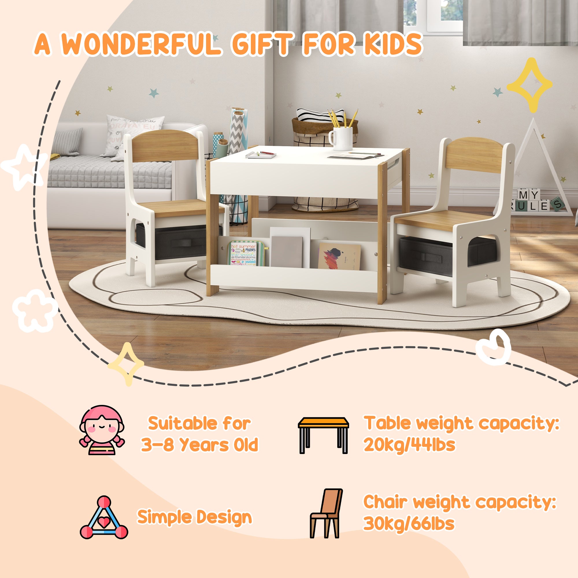 HOMCOM Three-Piece Kids Table and Chair Set with Blackboard, Storage, Bookshelves - Natural Wood - North Peak Garden Furniture