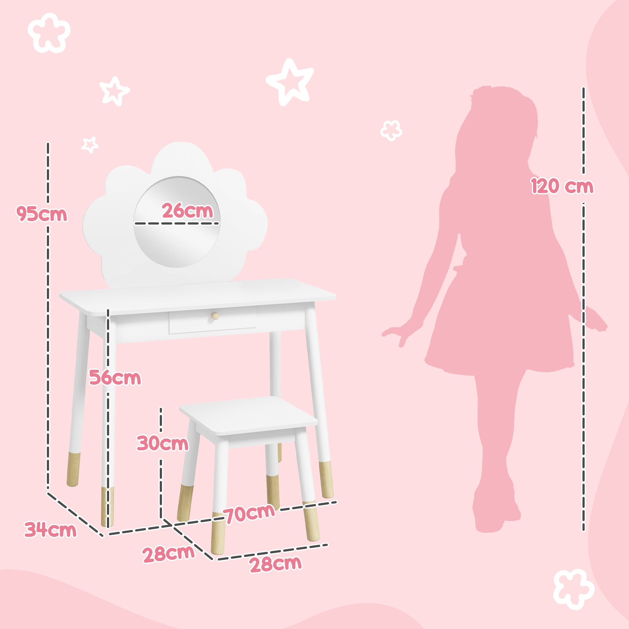 AIYAPLAY Kids Dressing Table with Mirror, Stool, Drawer, Cloud Design, White - North Peak Garden Furniture
