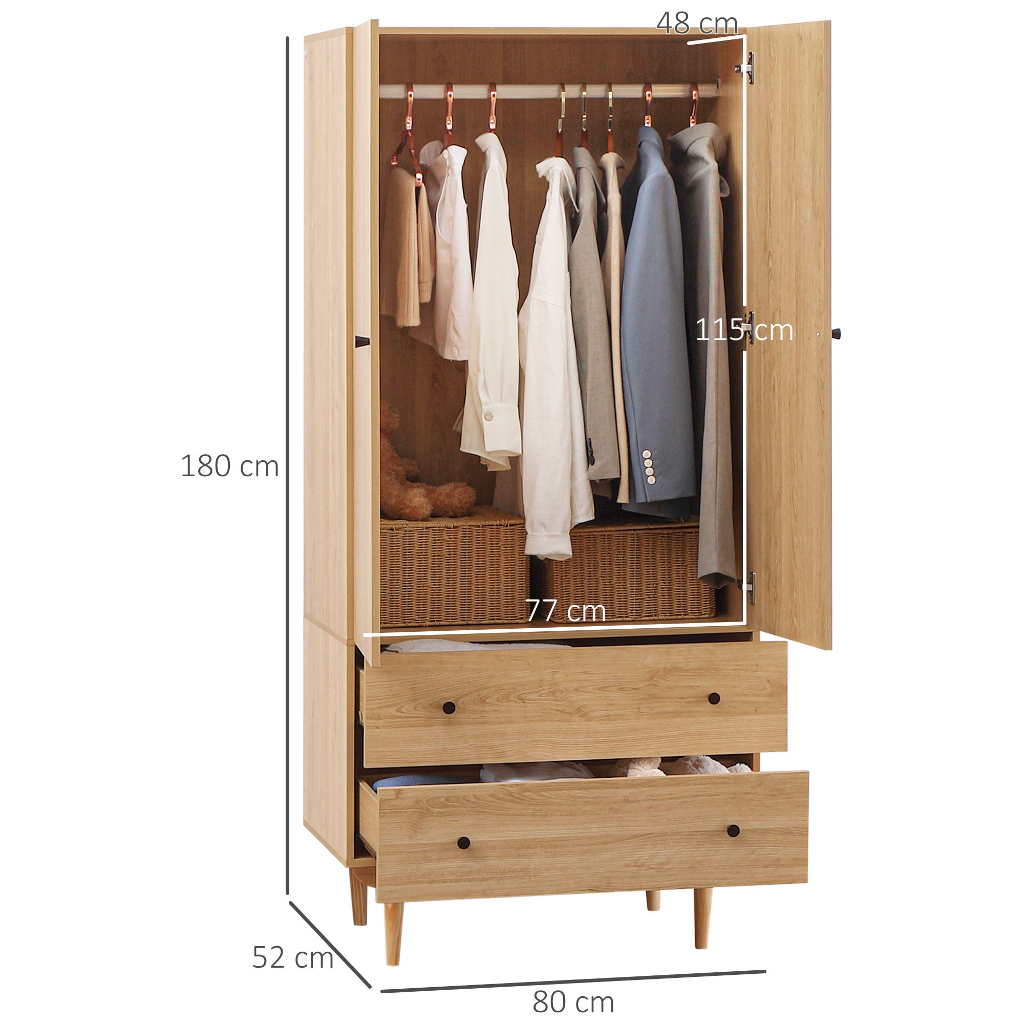 HOMCOM Wardrobe with 2 Doors, 2 Drawers, Hanging Rail for Bedroom Clothes Storage Organiser, 80x52x180cm, Natural Tone