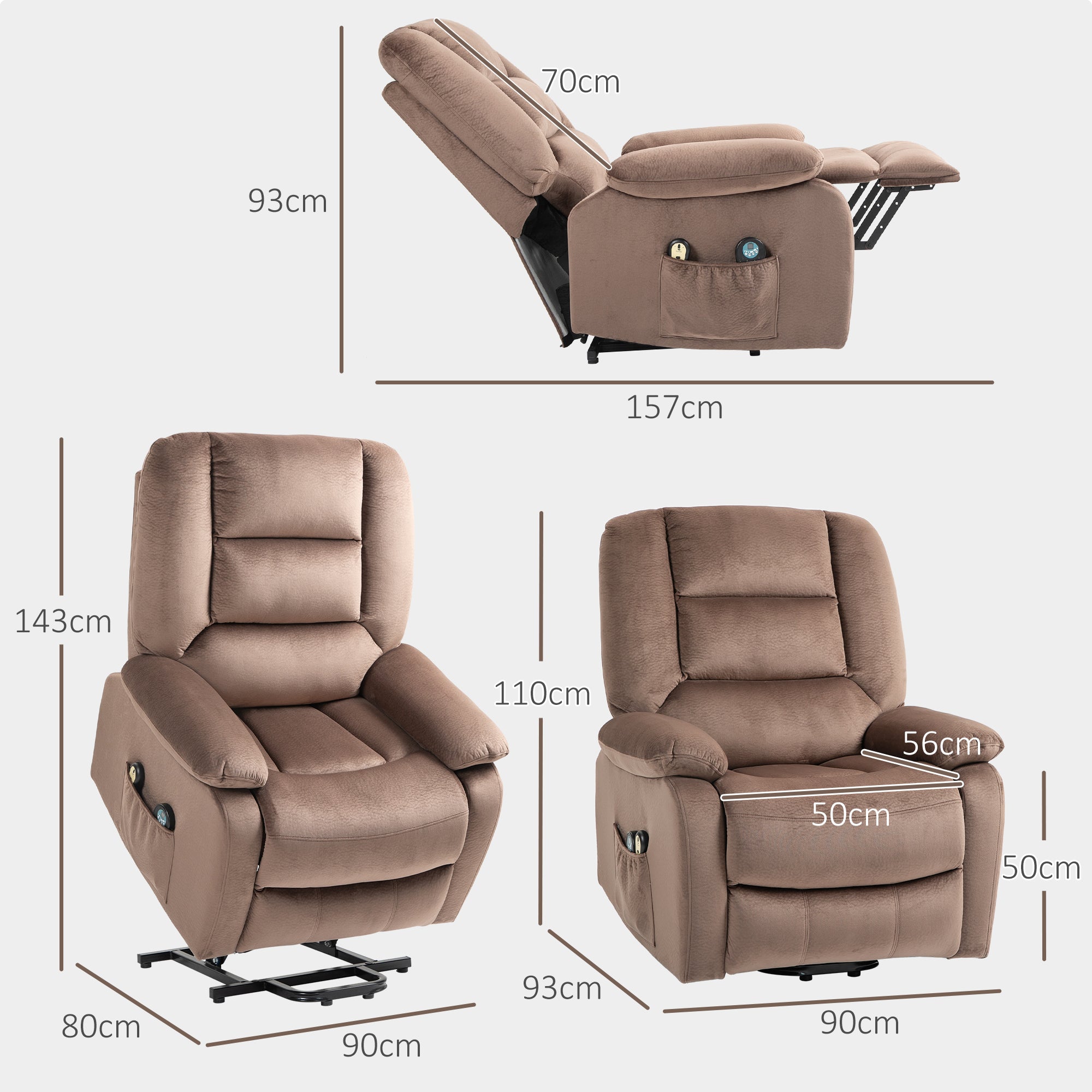 HOMCOM Velvet-Feel Electric Lift-and-Recline Massage Armchair, with Remote - Brown - North Peak Garden Furniture