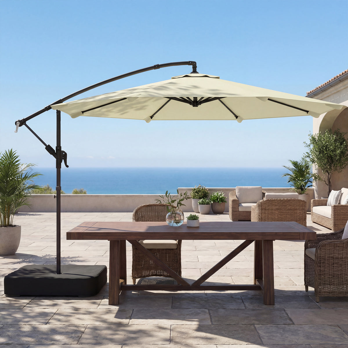 Outsunny 3 m Garden Cantilever Parasol with Cross Base, Sandbag, 360° Rotating Overhanging Banana Umbrella, Beige