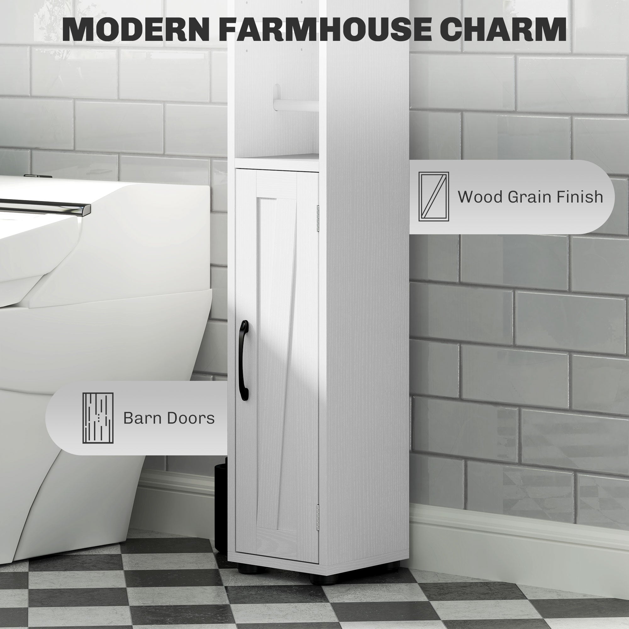 HOMCOM Tall Bathroom Cabinet, Farmhouse Slim Bathroom Storage Cabinet with Barn Doors, Toilet Paper Roll Holder, Drawer and Adjustable Shelves, Narrow Bathroom Storage Unit, 20 x 20 x 185cm, White