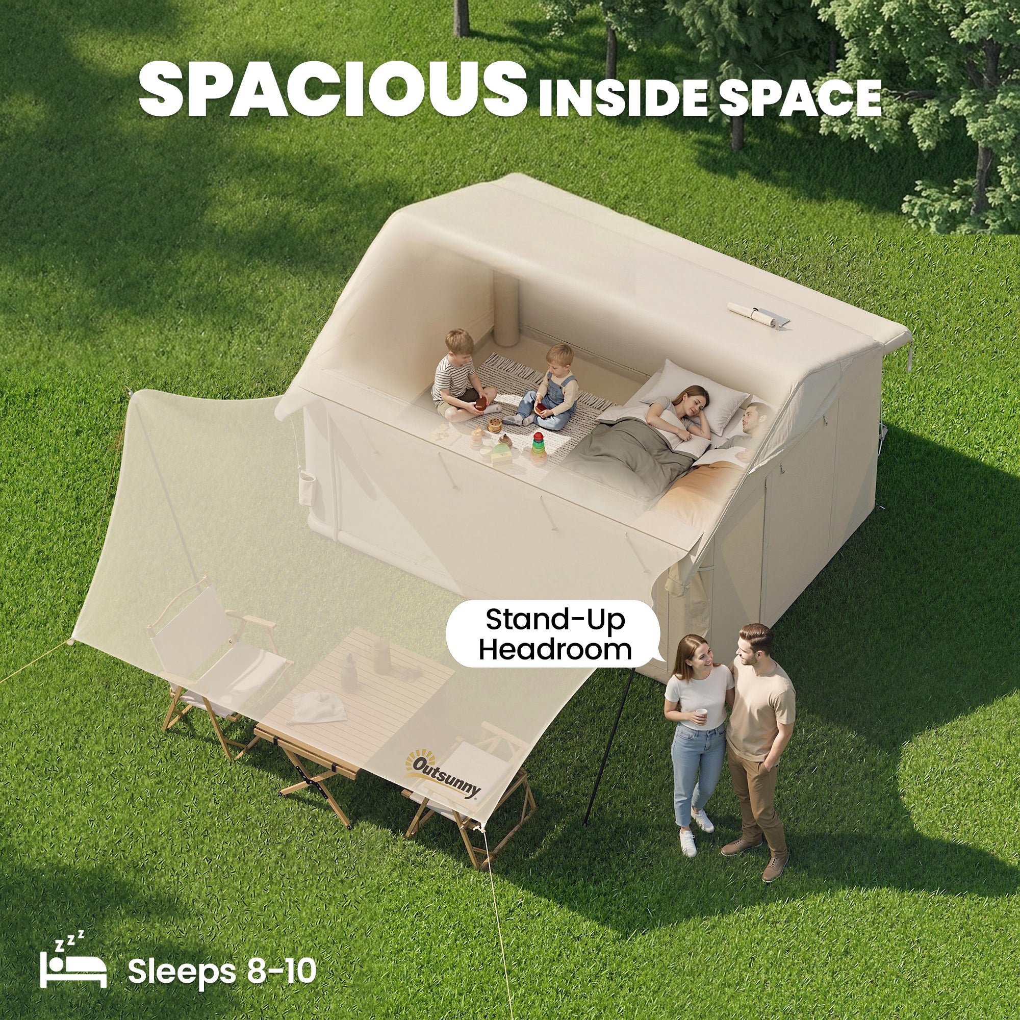 Outsunny Inflatable Tents Waterproof Glamping Tent with Stove Jack for 6-8 Person
