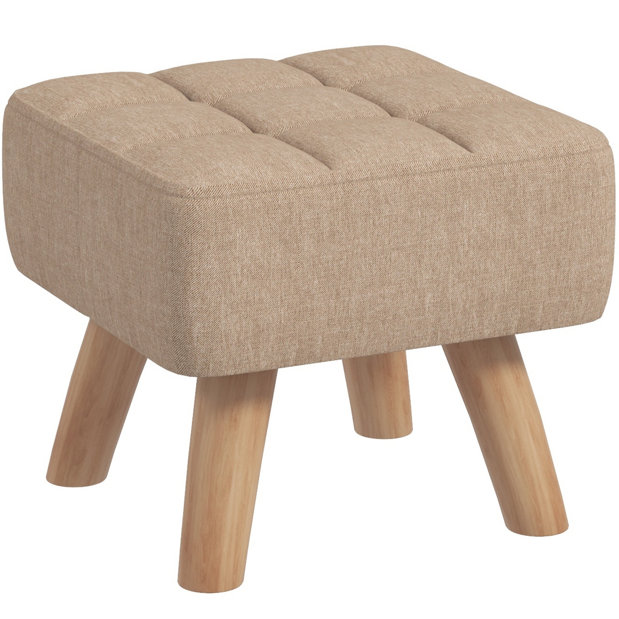 HOMCOM Modern Tufted Footstool, Fabric Foot Stool with Rubber Wood Legs, Padded Seat, for Living Room, Bedroom, Entryway, Light Brown