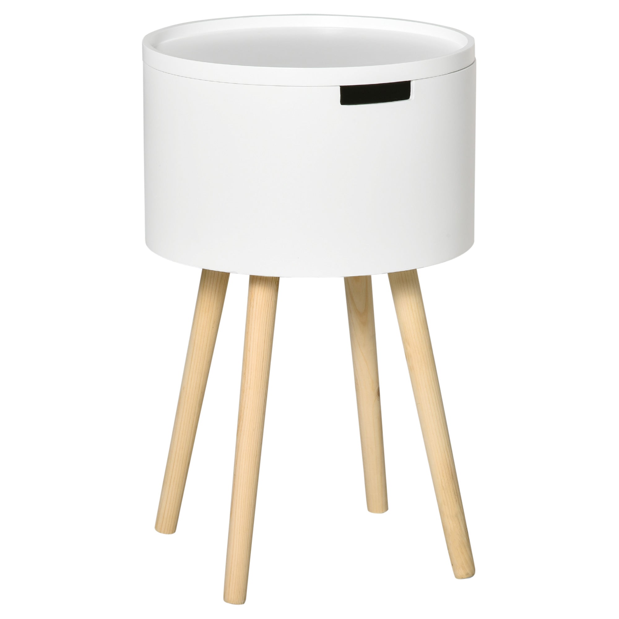 HOMCOM Modern Side Table with Hidden Storage Space, Round Night Stand with Removable Tray Wood Frame End Coffee Table for Living Room, White - North Peak Garden Furniture