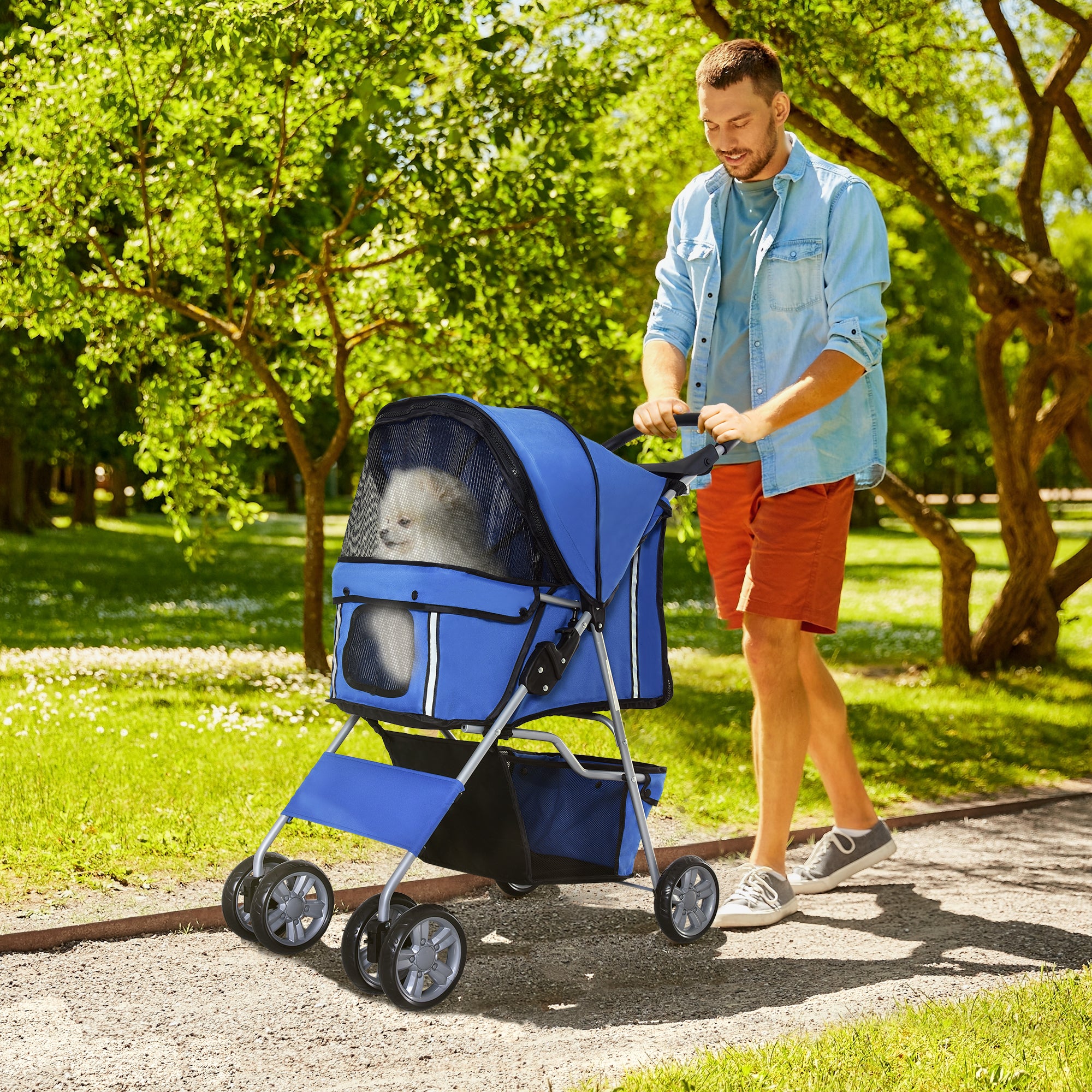 PawHut Pet Stroller for Small Miniature Dogs Cats Foldable Travel Carriage with Wheels Zipper Entry Cup Holder Storage Basket Blue - North Peak Garden Furniture