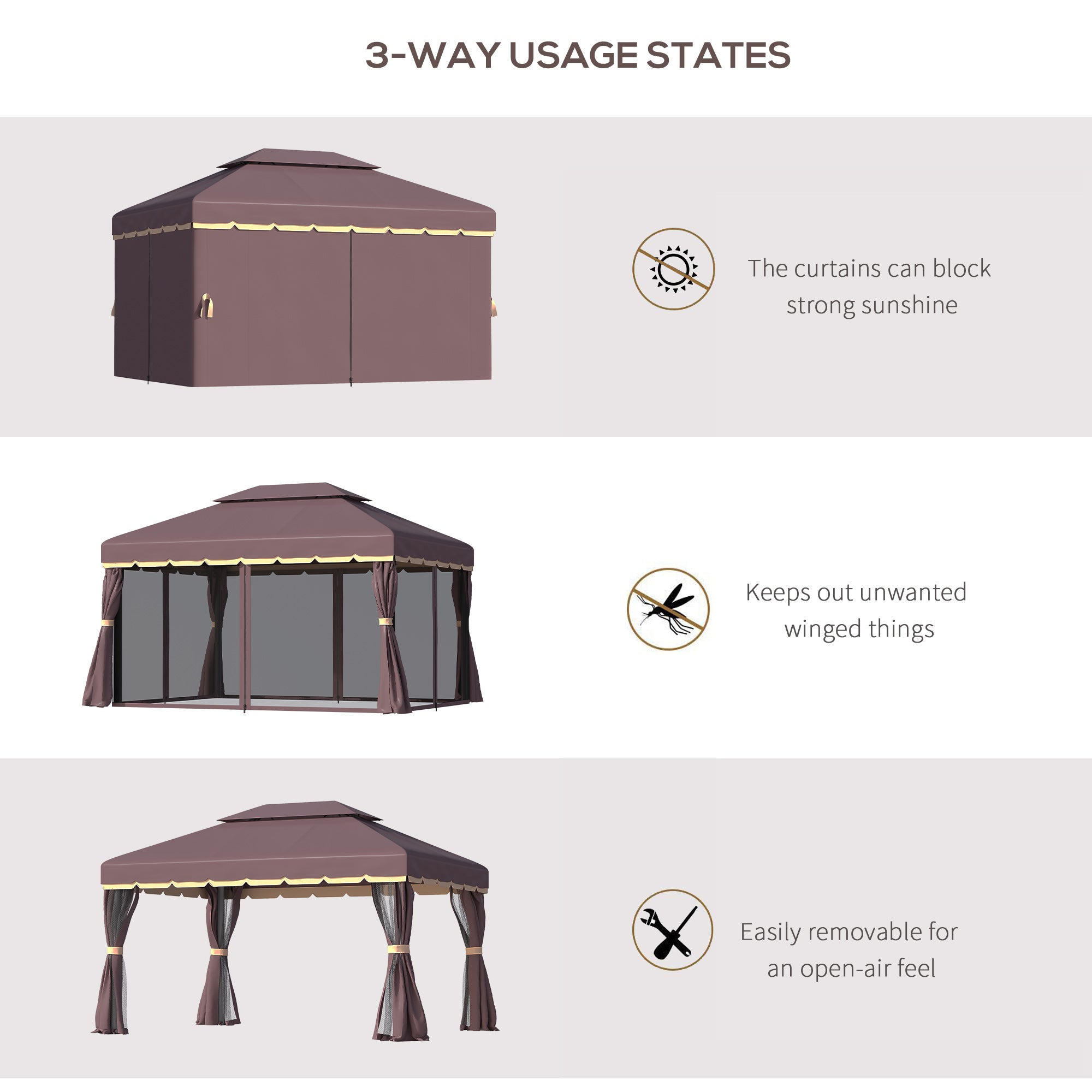 Outsunny 3 x 4m Aluminium Garden Gazebo, Marquee Canopy Shelter Pavilion Party Tent with Nets and Curtains for Garden, Lawn, Backyard and Deck, Coffee