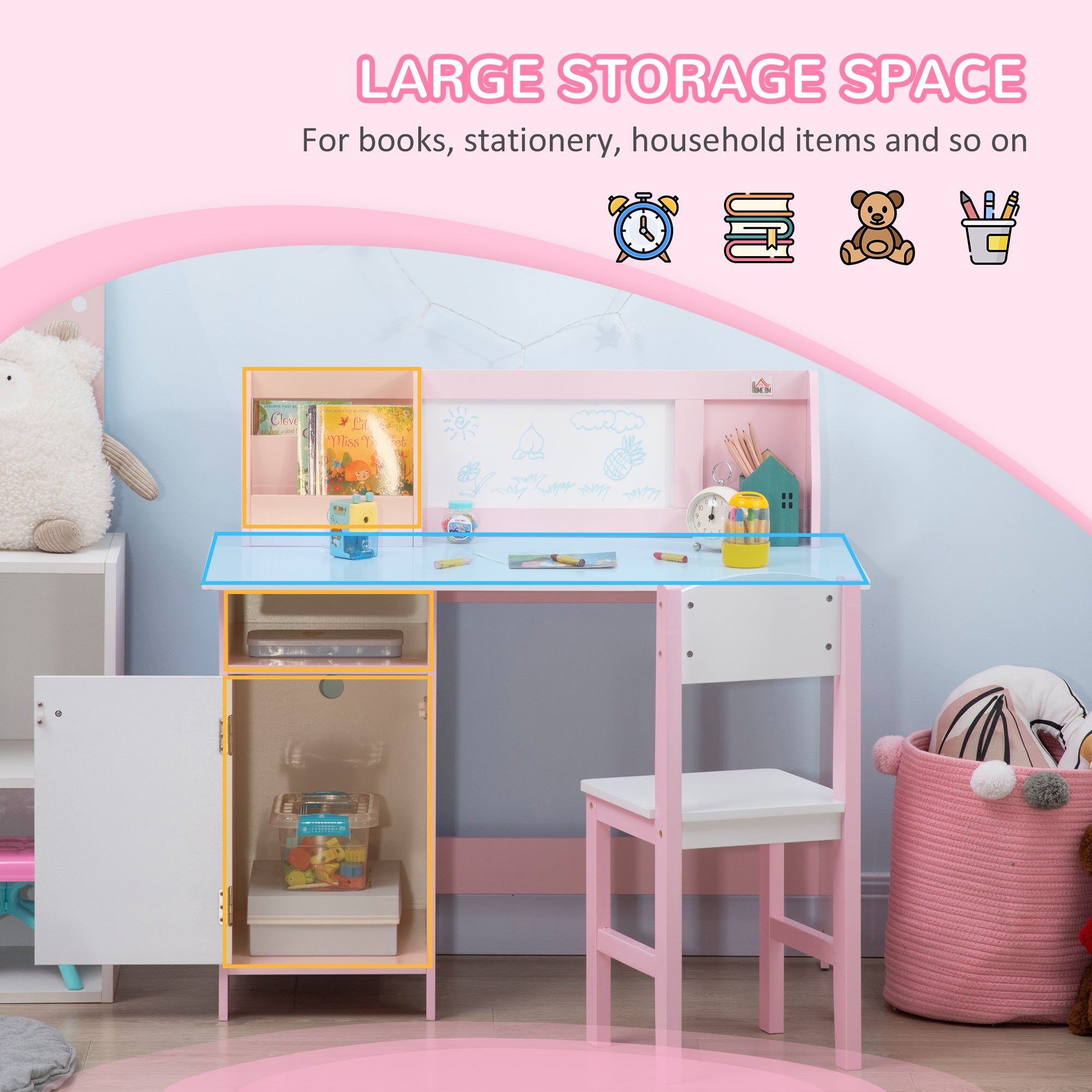 HOMCOM Kids Desk And Chair Set 2 PCs Childrens Table And Chair Set Multi Use Toddler Furniture with Whiteboard, Storage - Pink - North Peak Garden Furniture
