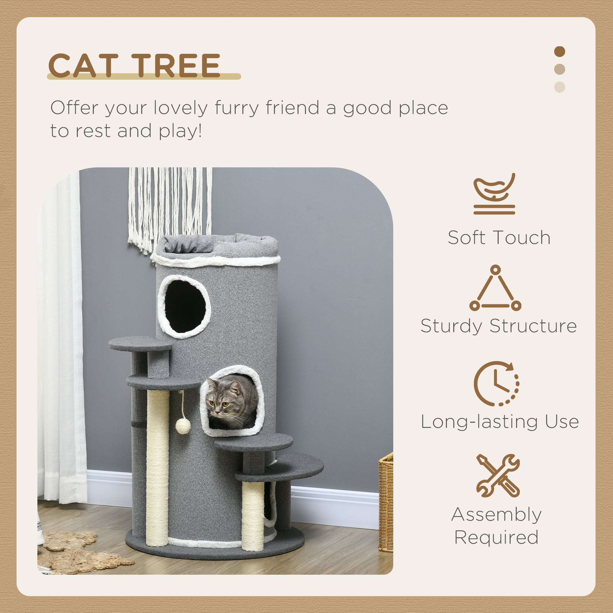 PawHut Barrel Shaped Cat Tree with Sisal Scratching Posts, Cat Bed, Platforms, Hanging Ball, Grey, Grey - North Peak Garden Furniture