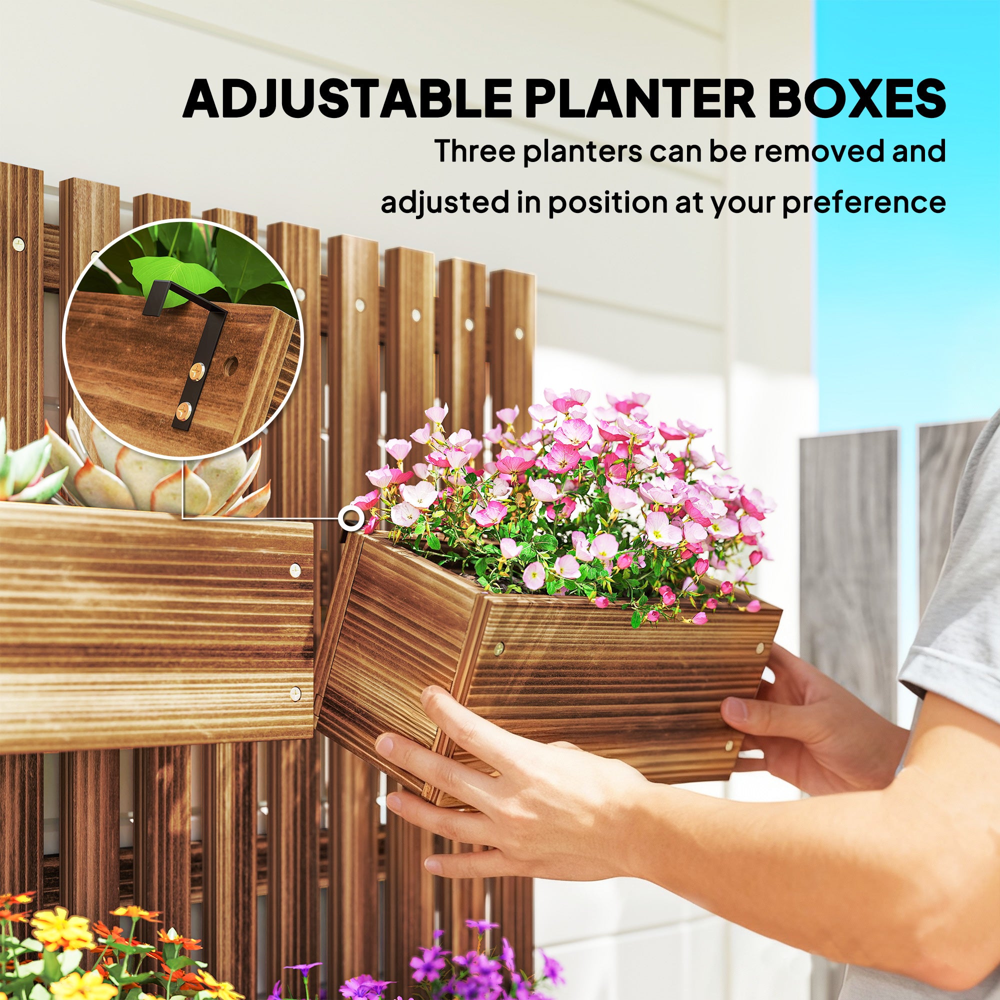 Outsunny Wall-mounted Wooden Garden Planters with Trellis, Drainage Holes and 3 Planter Boxes for Patio, Carbonised