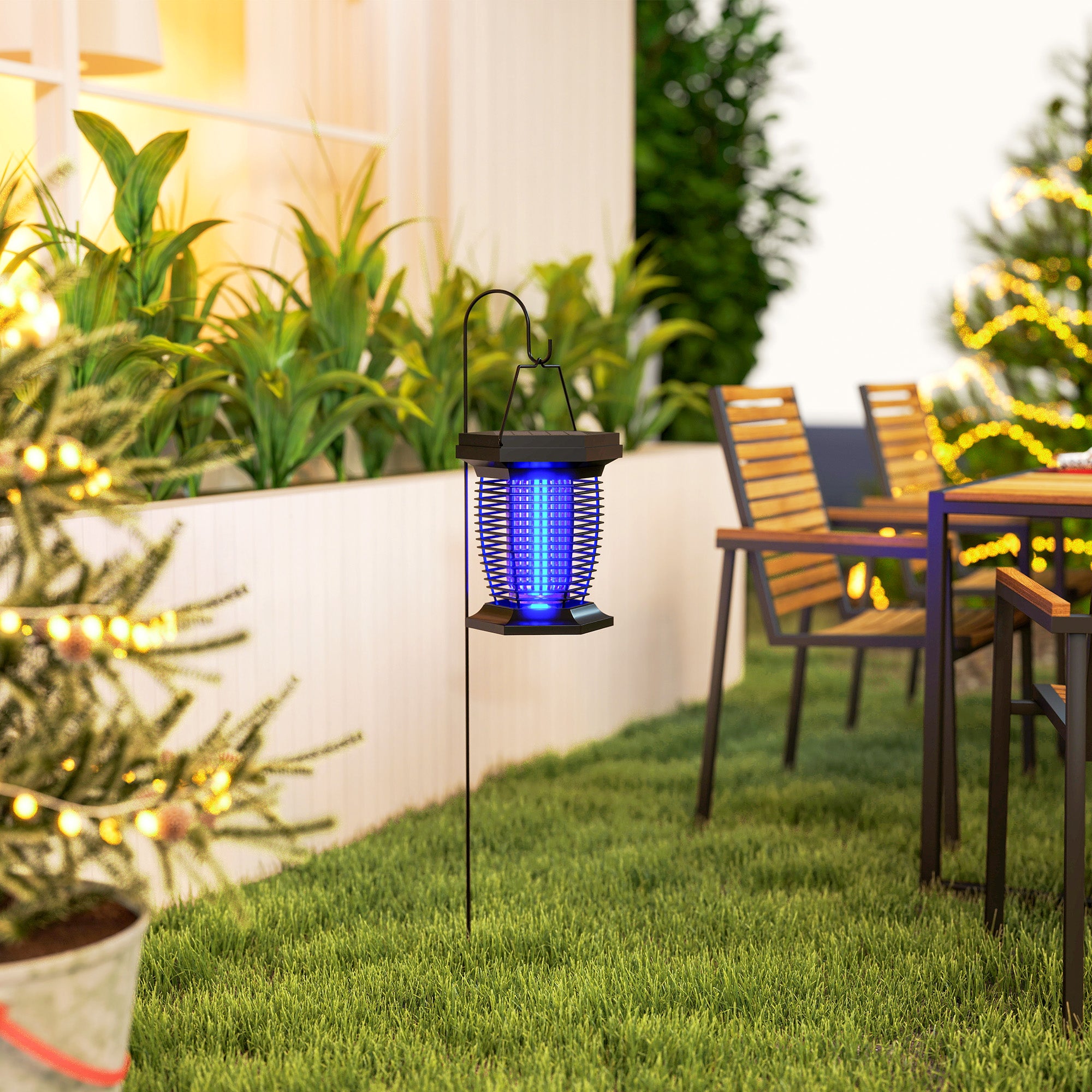 Outsunny 2-in-1 Electric Fly Zapper with UVA Light, Hanging Garden Lantern, Solar and USB-DC Rechargeable Insect Mosquito Bug Zapper, Fly Killer for Indoor and Outdoor Use, Black - North Peak Garden Furniture