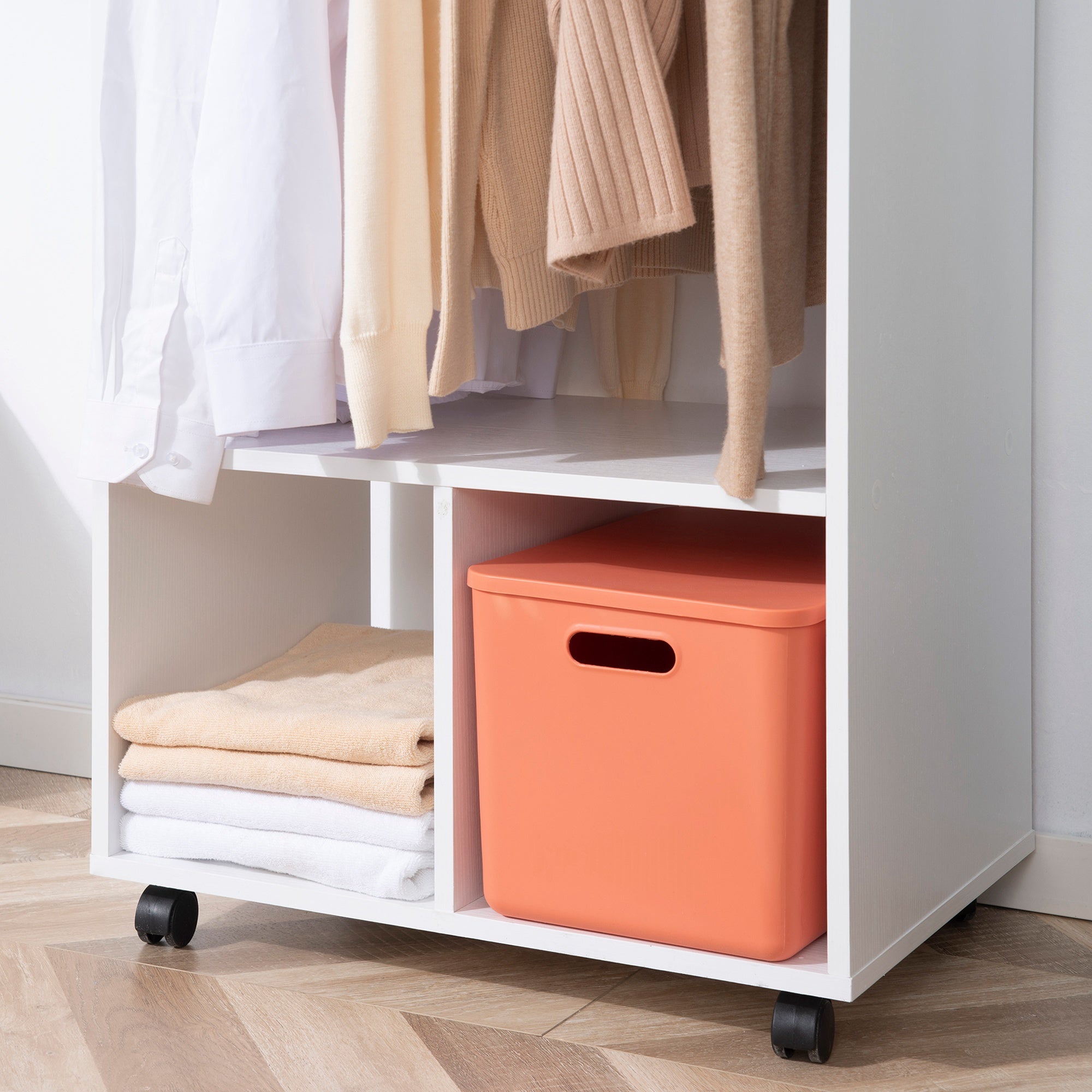 HOMCOM Open Wardrobe for Bedroom, Small Wardrobe on Wheels with Clothes Rail, Storage Shelves, Mobile Garment Rack for Clothes Storage, Cloakroom, Hallway, White - North Peak Garden Furniture