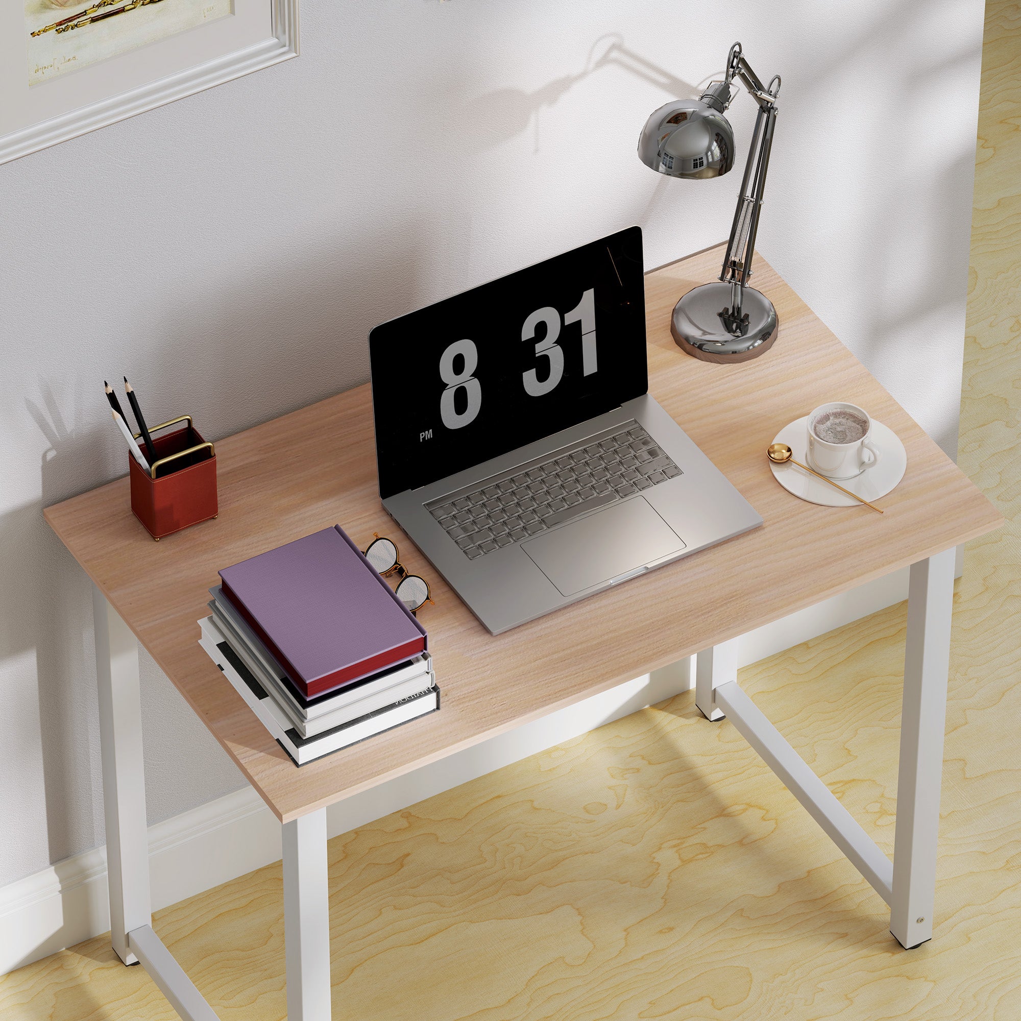 HOMCOM Computer Desk, Writing Table, 100 x 60 x 76cm Workstation for Home Office, Study with Metal Frame, Simple Assembly, White - North Peak Garden Furniture
