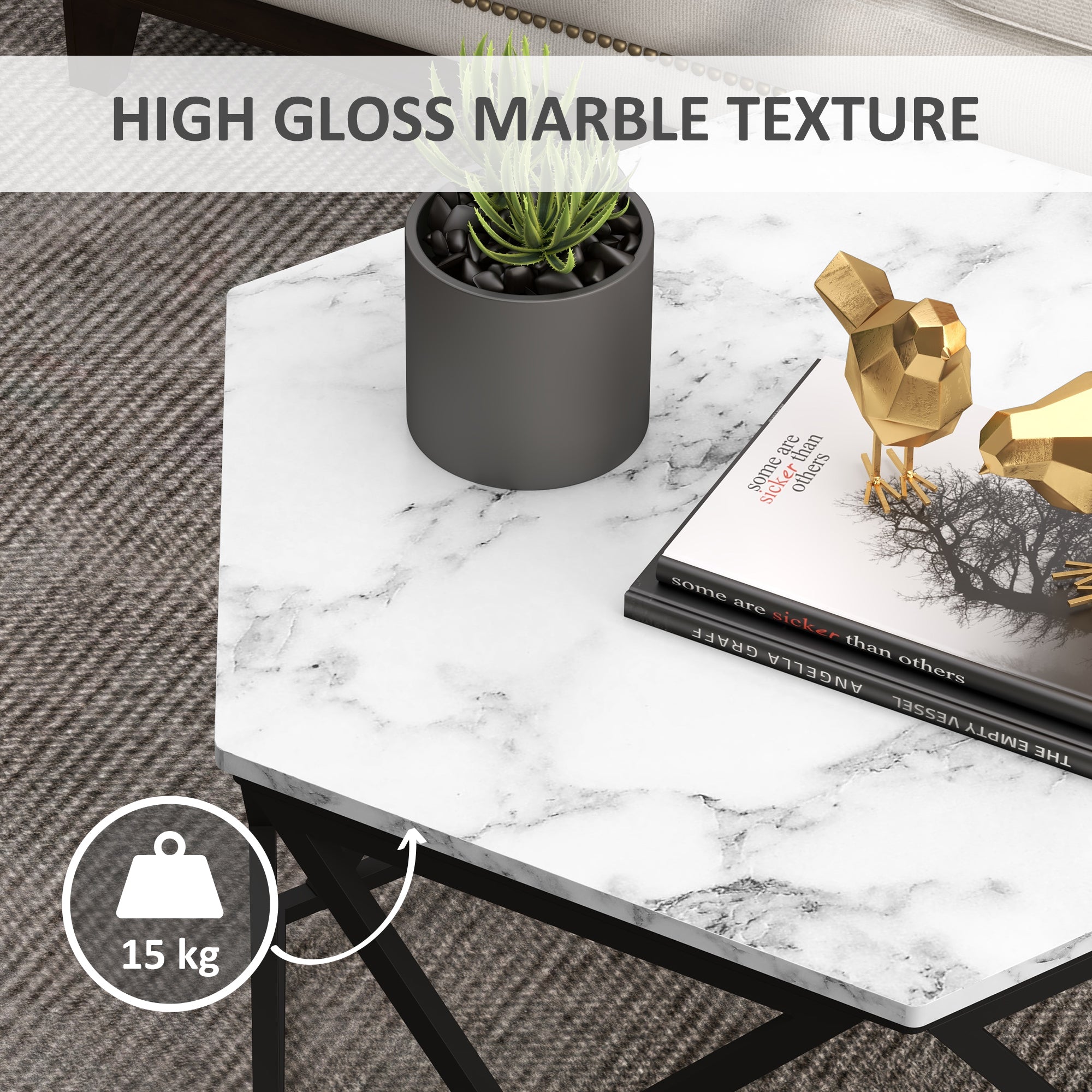 HOMCOM Hexagonal Coffee Table with High Gloss Marble Effect Table Top, Modern Cocktail Table with Steel Frame for Living Room, White - North Peak Garden Furniture