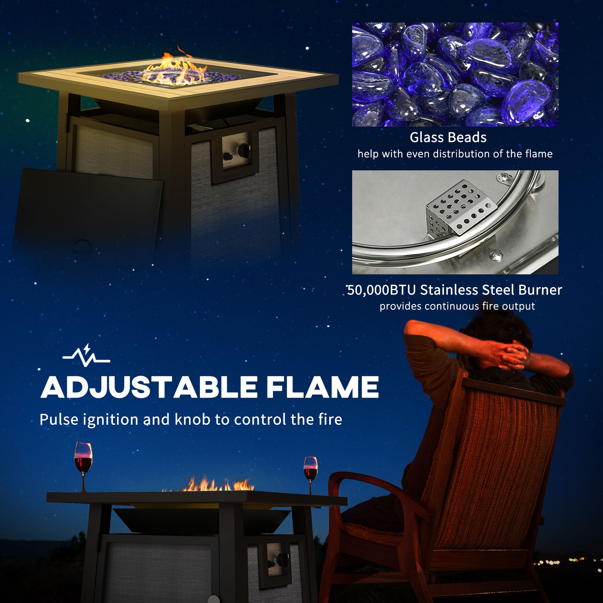 Outsunny 71 x 71cm 50,000 BTU Gas Fire Pit Table with Cover - Grey - North Peak Garden Furniture