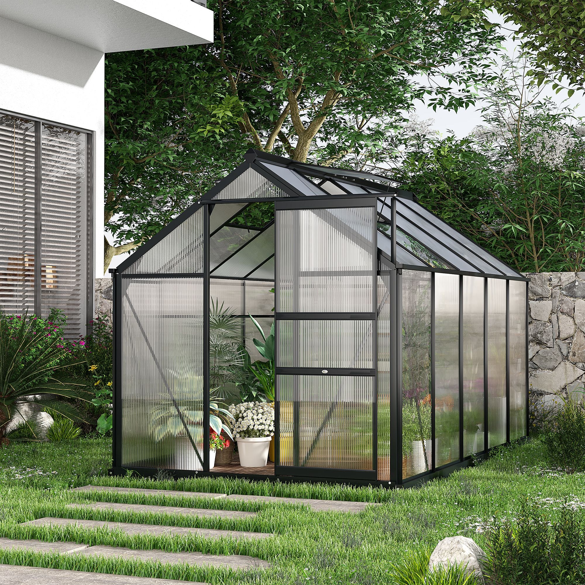 Outsunny 6 x 10ft Polycarbonate Greenhouse, Large Walk-In Green House with Slide Door and Window, Garden Plants Grow House with Aluminium Frame and Foundation, Grey