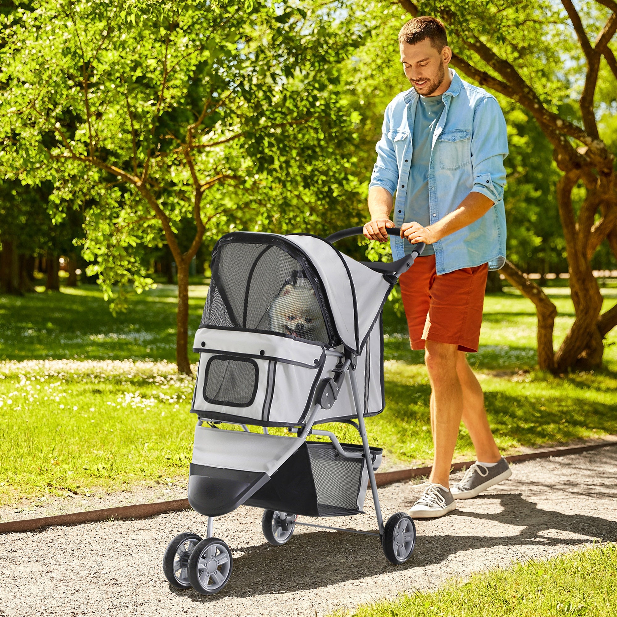 PawHut Dog Stroller, 3 Wheels Foldable Cat Dog Pram with Cup Holder, Storage Basket, Pet Stroller for Small Miniature Dogs, Grey - North Peak Garden Furniture