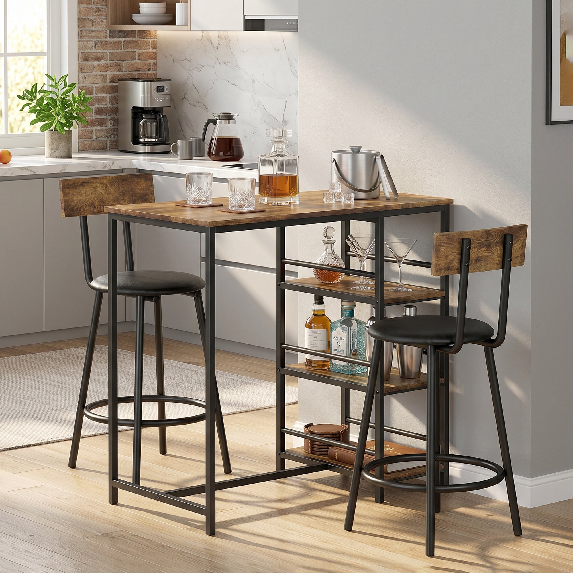 HOMCOM Space Saving Bar Table and PU Leather Stools for 2, 3 Piece Breakfast Bar Table Set with Storage Shelves, Rustic Brown