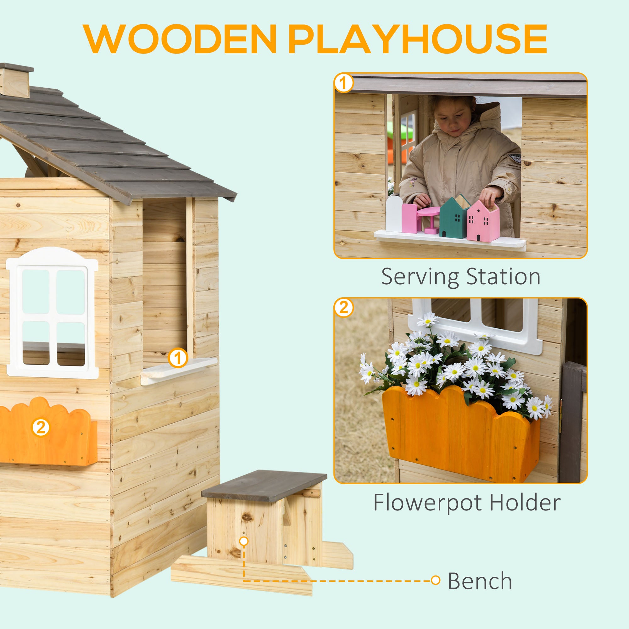 Outsunny Wooden Playhouse for Kids Outdoor Wendy House with Door, windows, Bench, Service Stations, Flowerpot Holder, For Ages 3-7 Years - North Peak Garden Furniture