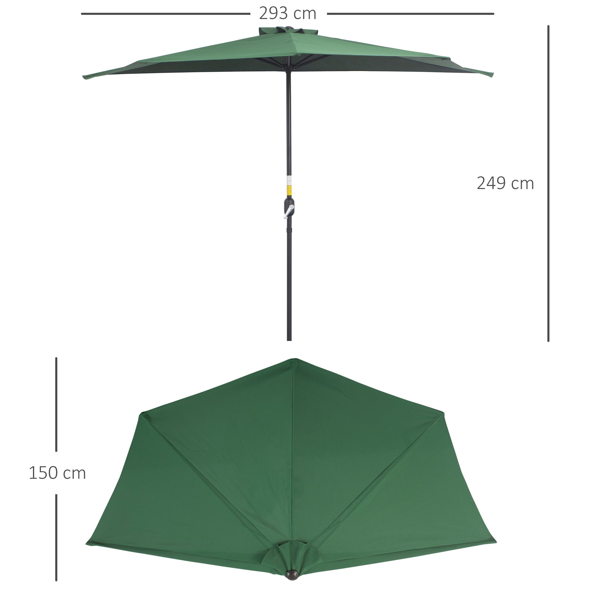 Outsunny 3(m) Half Parasol Semi Round Umbrella Patio Metal Frame Crank Handle for Balcony-- NO BASE INCLUDED, Green - North Peak Garden Furniture