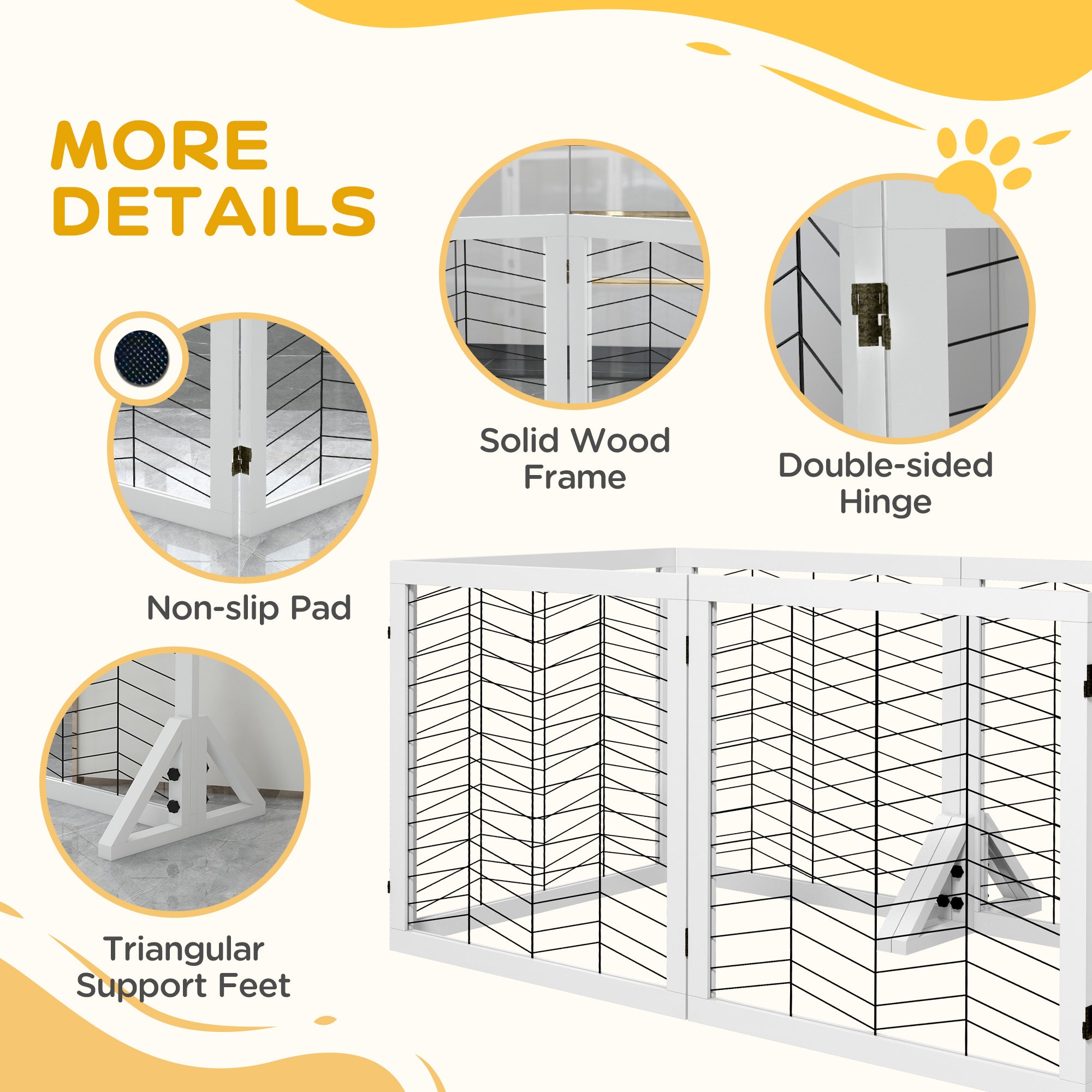 PawHut 6 Panels Pet Gate, Wooden Foldable Dog Barrier w 2PCS Support Feet, for Small Medium Dogs - White | Aosom UK