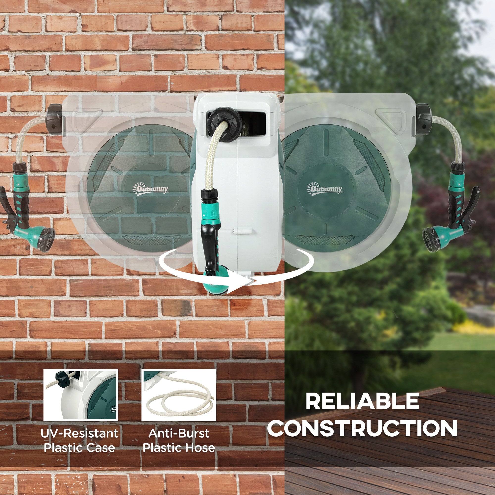 Outsunny Retractable Hose Reel Wall Mounted, 20+2m Garden Hose Pipe Reel with Lock, Auto Rewind, 7 in 1 Spray Nozzle, Includes Wall Fixings, 180° Swivel, Outdoor Watering, Light Grey