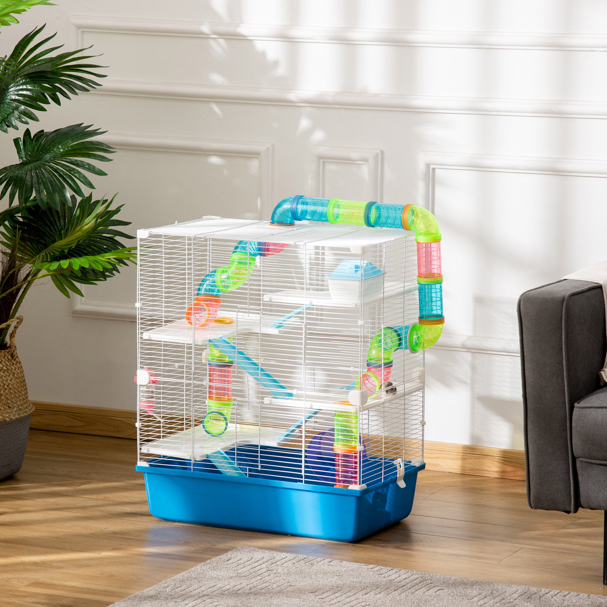 PawHut Hamster Cage with Tunnel Tube System, 5 Level Gerbil Haven with Water Bottle, Exercise Wheel, Food Dish, Ramps 59 cm x 36 cm x 69 cm - Blue - North Peak Garden Furniture