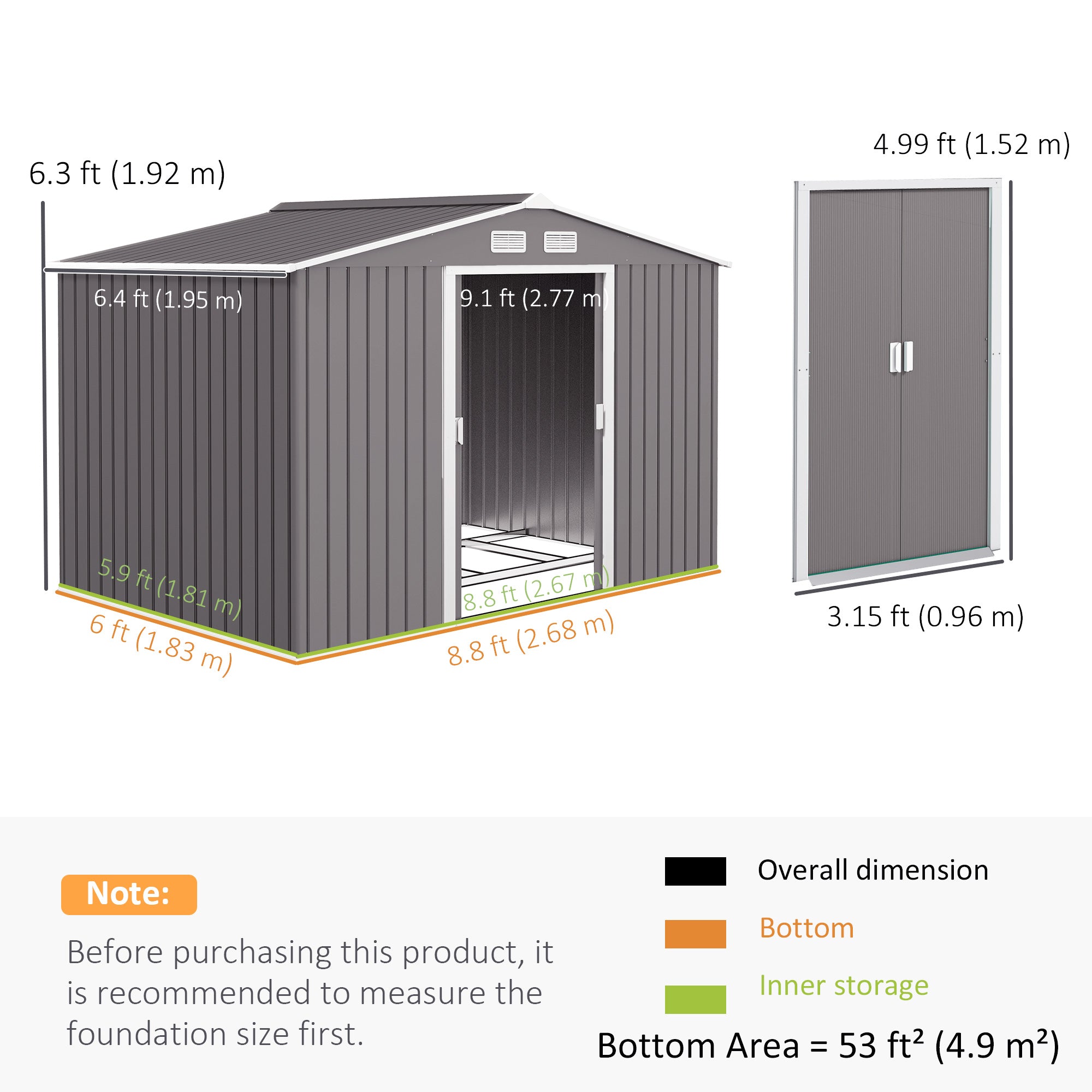 Outsunny 9 x 6FT Outdoor Garden Roofed Metal Storage Shed Tool Box with Foundation Ventilation & Doors Light, Grey
