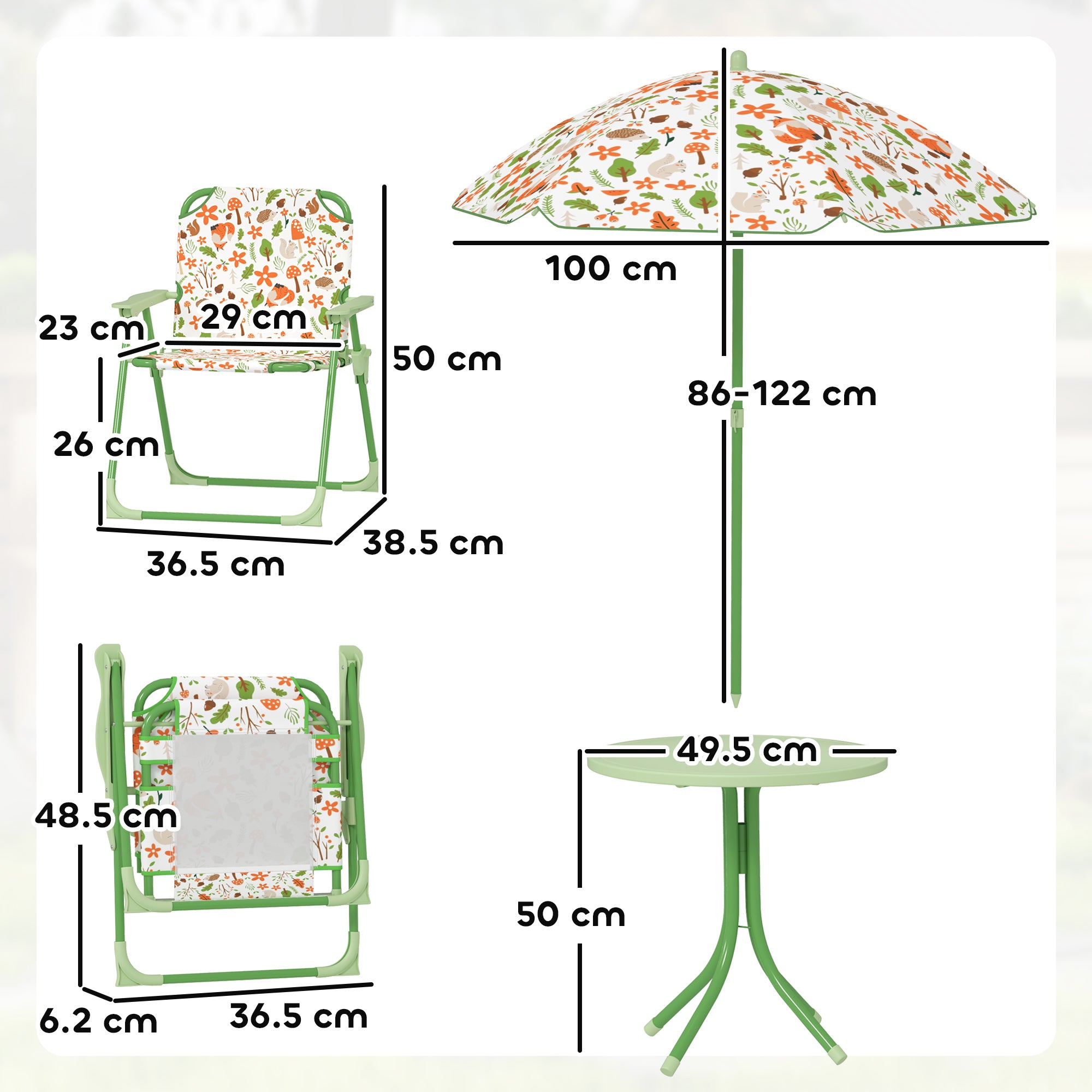 AIYAPLAY 4 Pieces Kids Garden Table and Chair Set with Adjustable Parasol, Folding Chairs, Table, Fox Pattern, Green - North Peak Garden Furniture