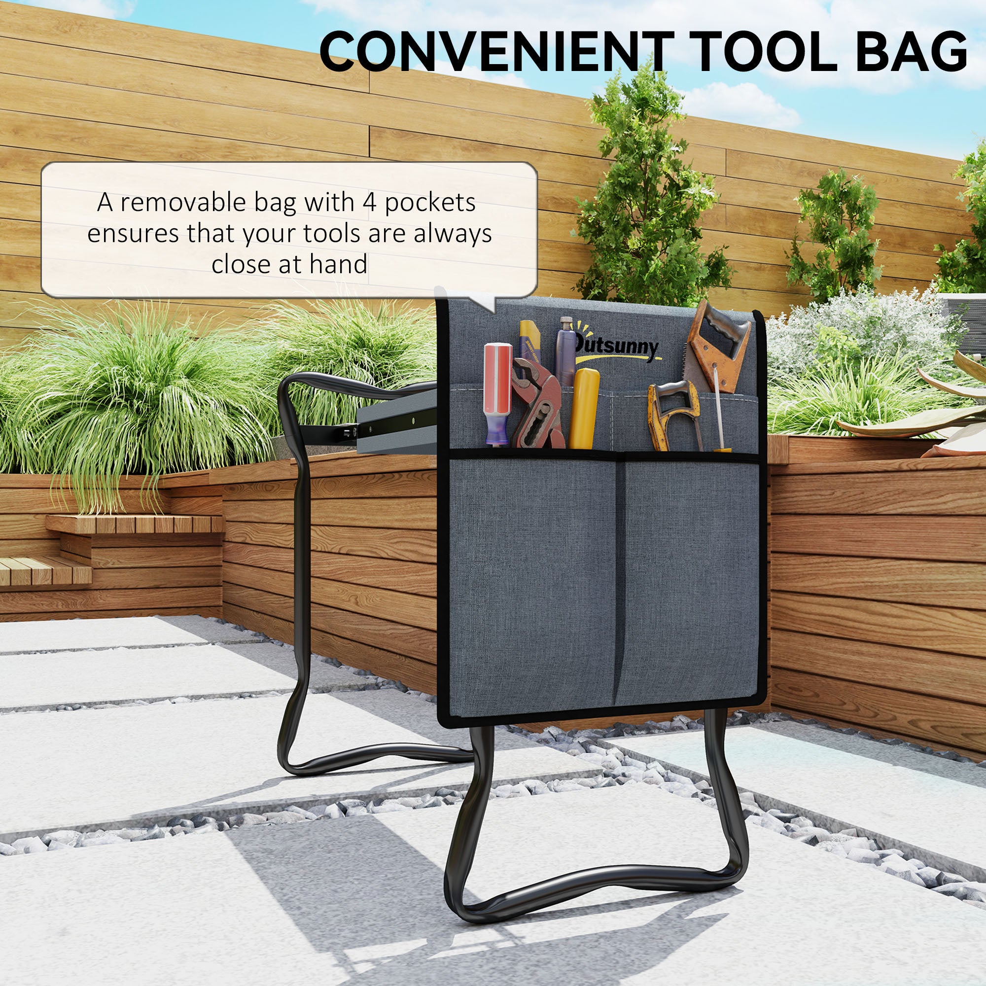 Outsunny 2 in 1 Garden Kneeler Seat, Kneeling Pad Support Bench, Foldable Knee Protector with Tool Bag, Grey - North Peak Garden Furniture