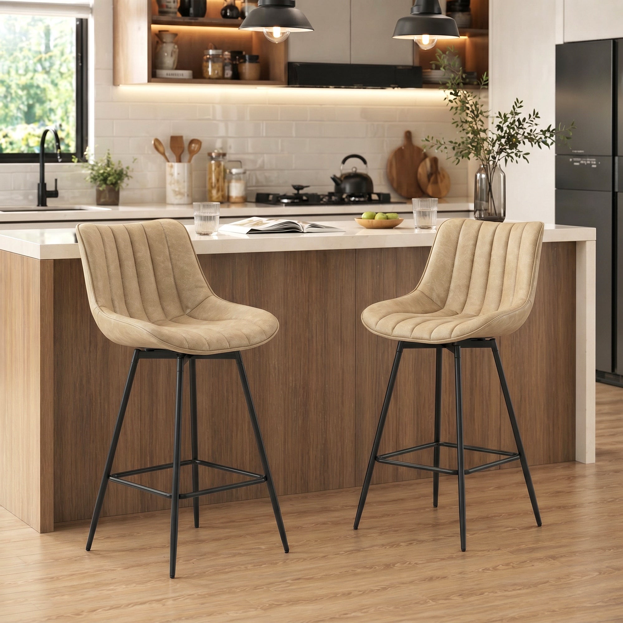 HOMCOM Set of 2 PU Leather Swivel Bar Stools - Light Brown