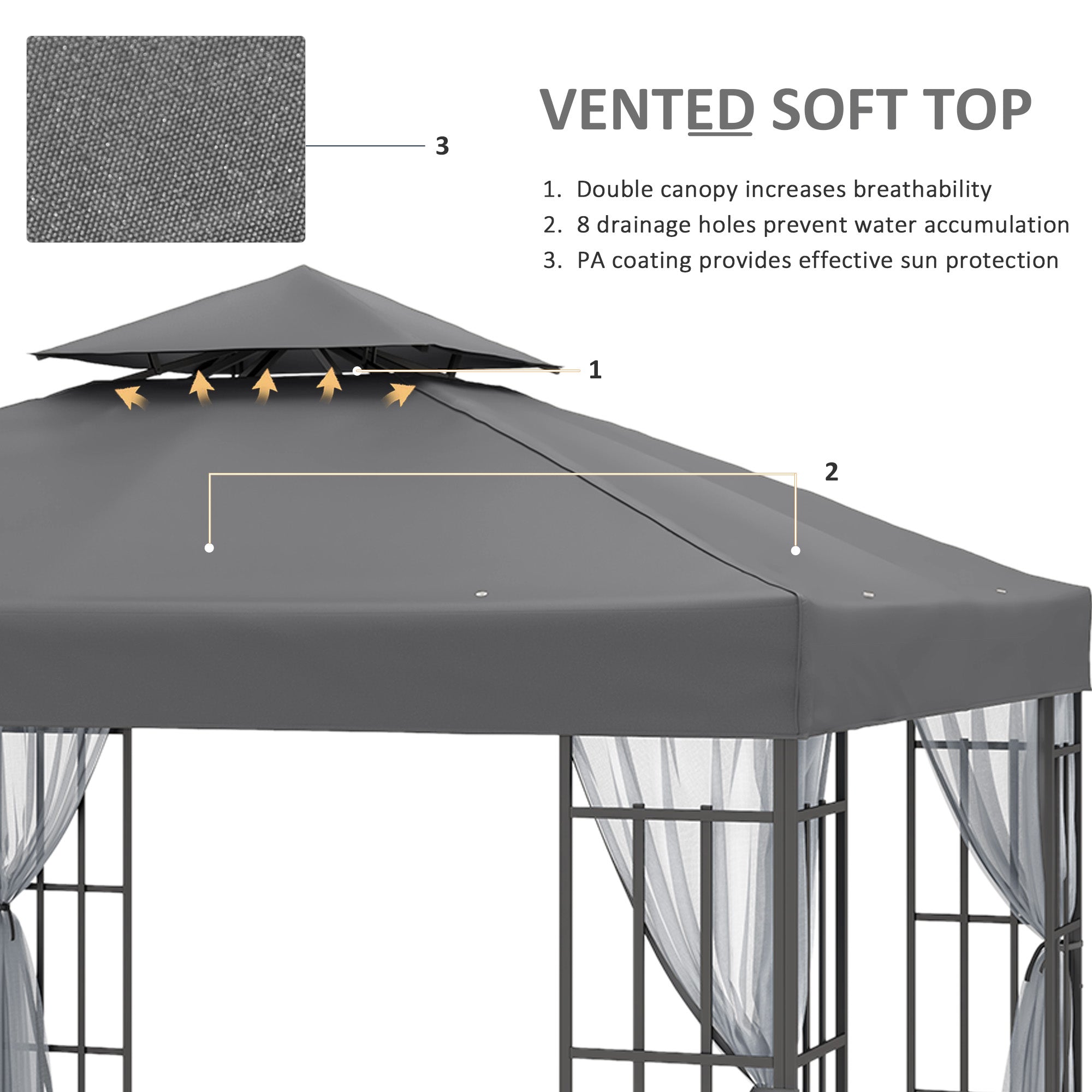 Outsunny 3 x 3(m) Patio Gazebo Canopy Garden Pavilion Tent Shelter with 2 Tier Roof and Mosquito Netting, Steel Frame, Grey - North Peak Garden Furniture