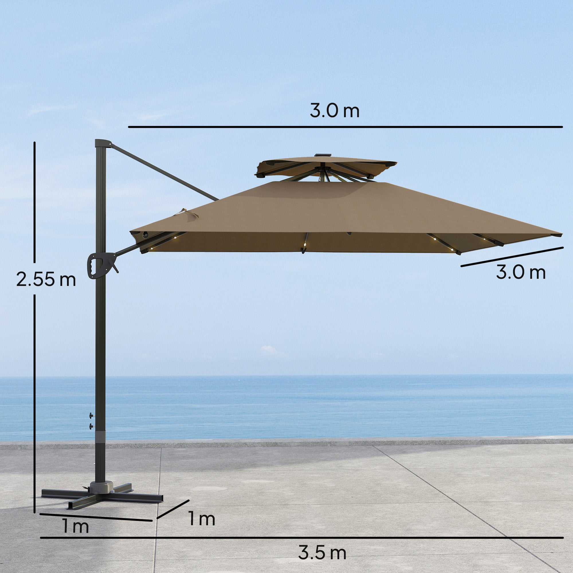 Outsunny 3.5x3 m Garden Cantilever Parasol with Solar LED Lights and Centre Light, Aluminium Large Square Patio Umbrella, UPF50+ Hanging Sun Shade with Cross Base, Crank Handle and Tilt, Khaki - North Peak Garden Furniture