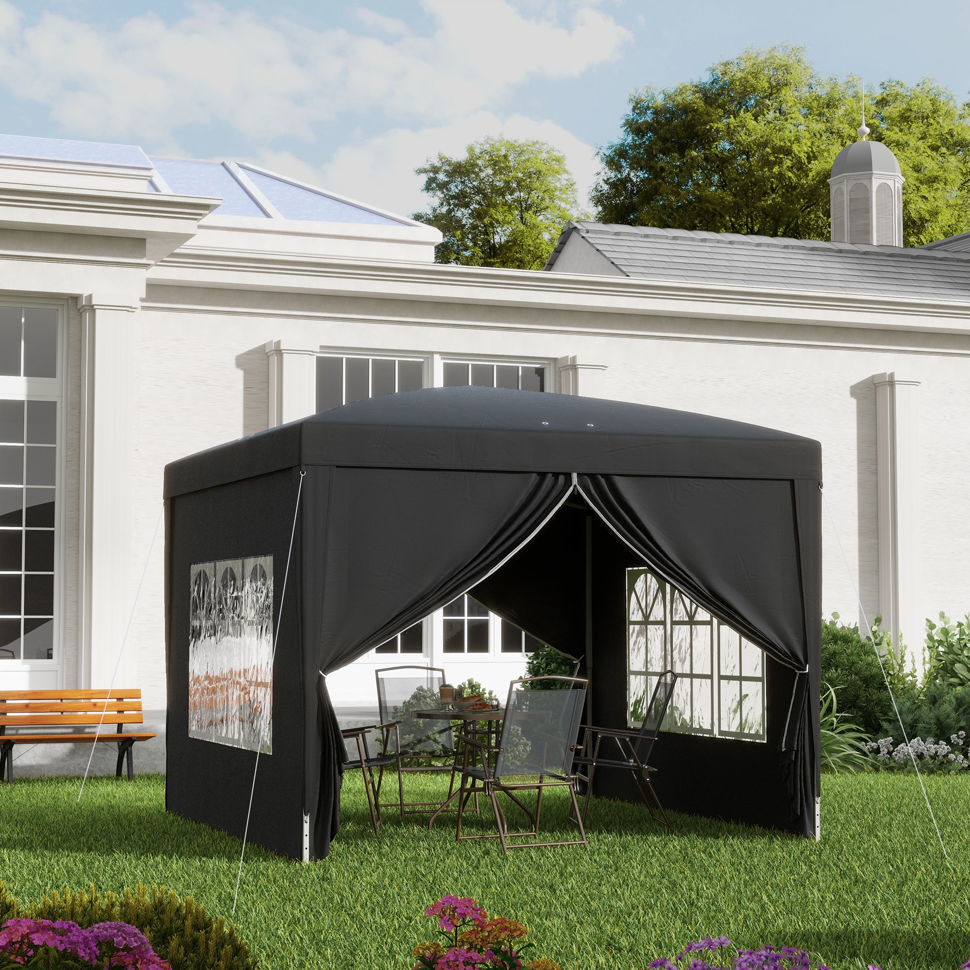 Outsunny 3 x 3(m) Pop Up Gazebo, Water and UV Resistant Party Tent Camping Canopy Marquee with Carry Bag, Black - North Peak Garden Furniture