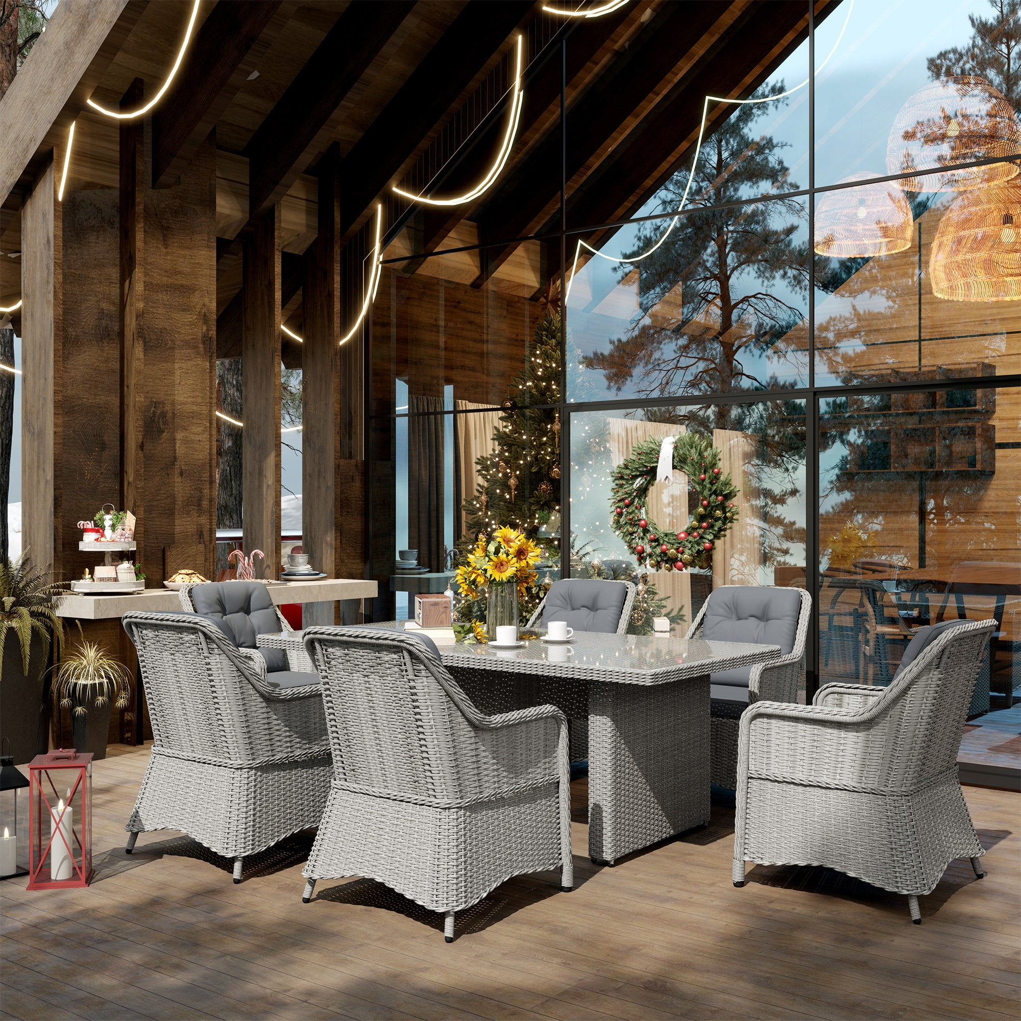 Outsunny 6 Seater Rattan Dining Set, Round PE Rattan Garden Furniture Set with Seat and Back Cushions, Aluminium Outdoor Dining Table and Chairs with 6 Armchairs, Rectangular Glass Top Table, Grey - North Peak Garden Furniture