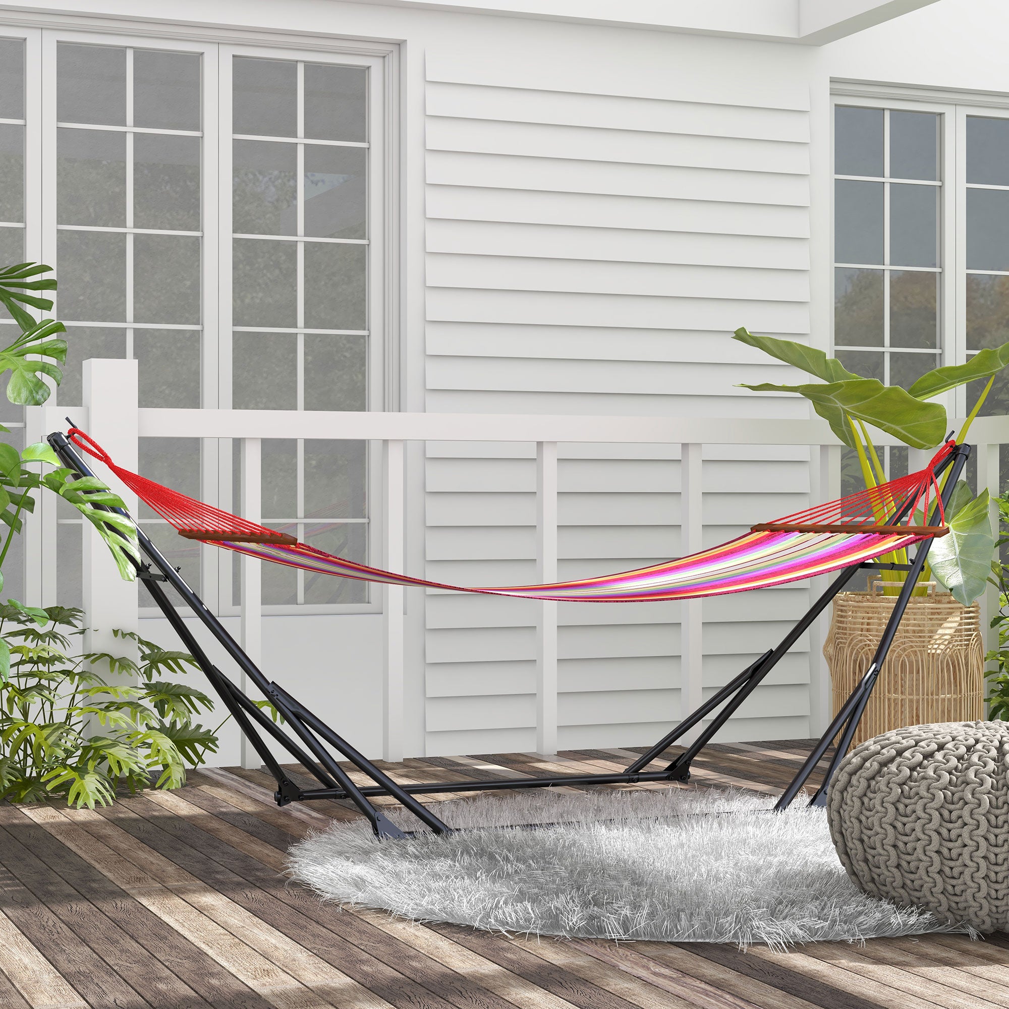 Outsunny Foldable Hammock Stand, Portable Hammock with Metal Frame, 2 in 1 Hammock Net Stand, Hammock Chair Stand with Carry Bag, Load Capacity 120kg, for Patio, Garden, Yard, Black - North Peak Garden Furniture