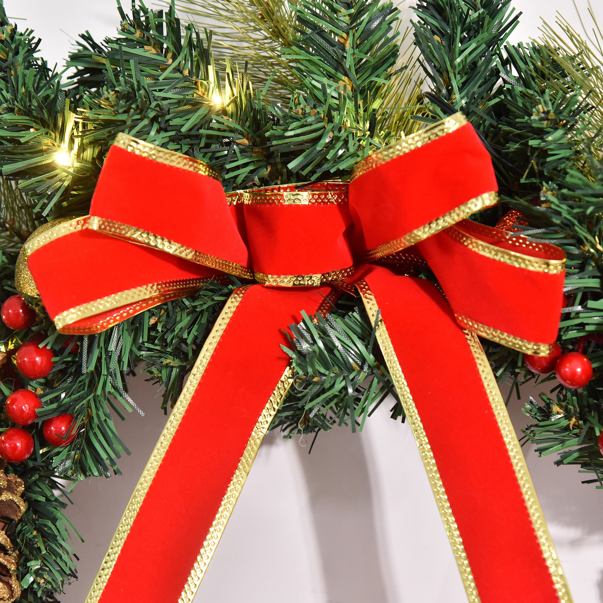 HOMCOM 60cm Pre-Lit Artificial Christmas Door Wreath Holly LED Decor Pine Cones Hanging Glittered Festival Indoor Outdoor Decoration - North Peak Garden Furniture