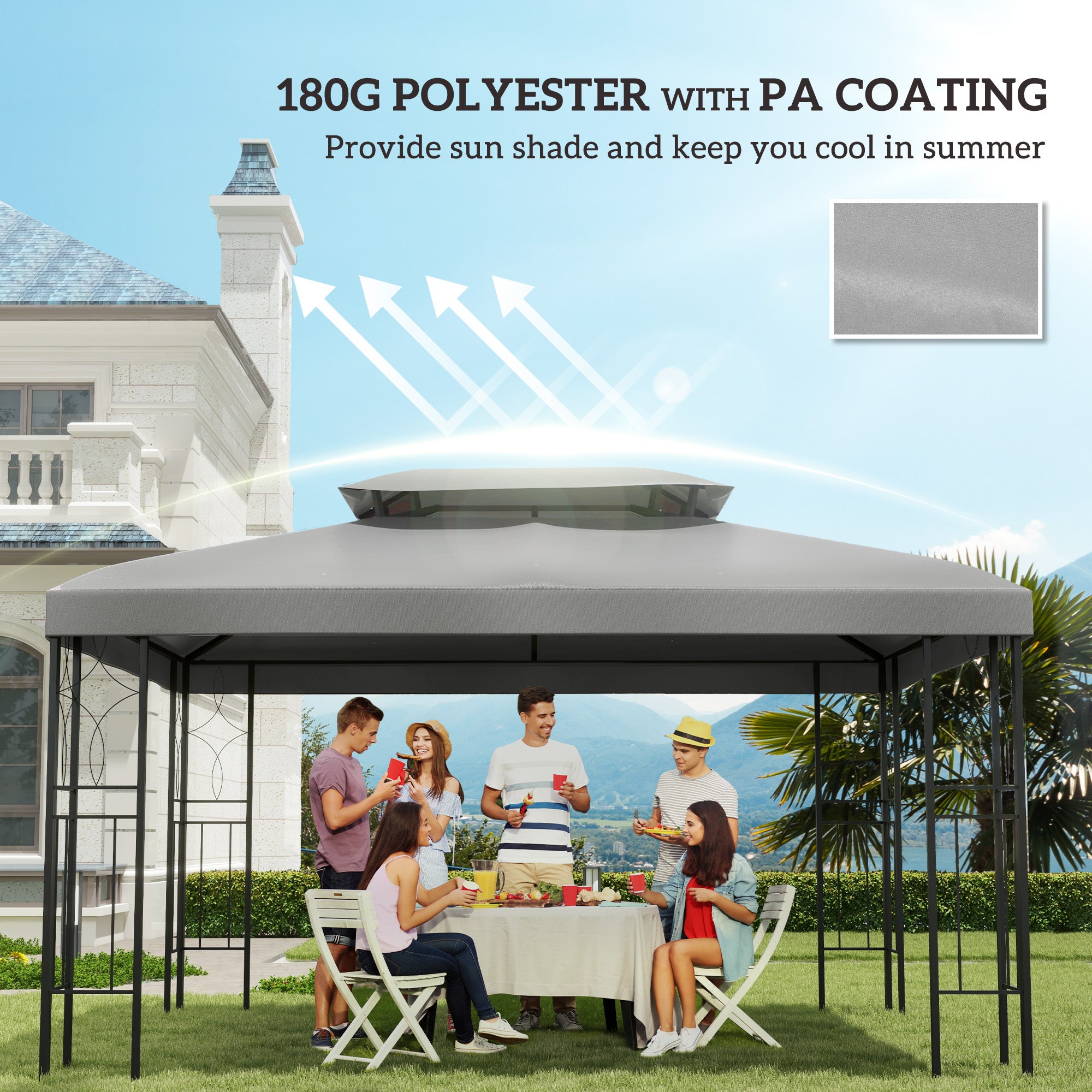 Outsunny 3x4m Gazebo Canopy Replacement Cover, 2 Tier Top Roof UV Cover Garden Patio Outdoor Sun Awning Shelters, Light Grey (TOP COVER ONLY) - North Peak Garden Furniture