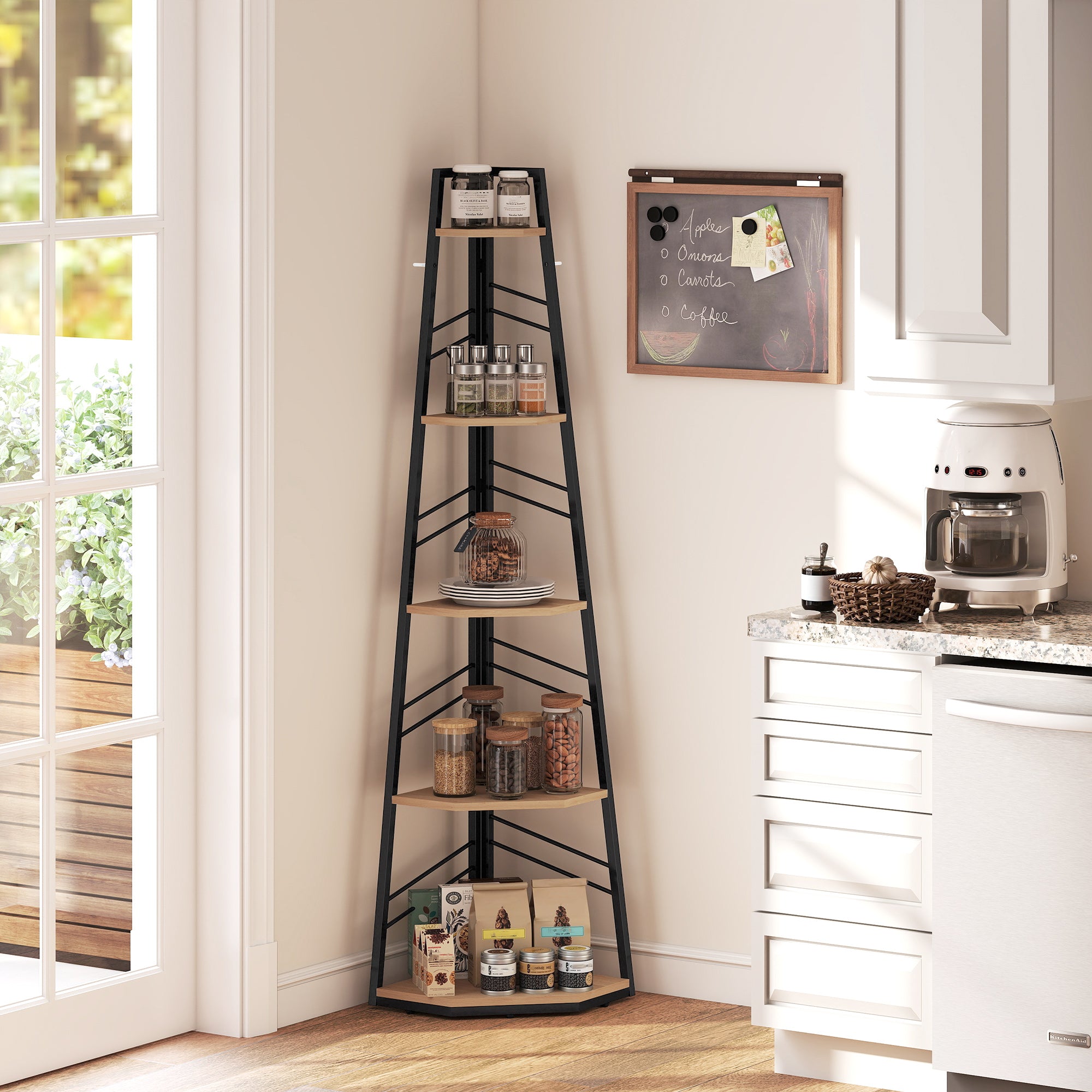 HOMCOM Corner Bookcase, 5-Tier Floor Standing Bookshelf, Shelving Unit for Living Room, Study, Bedroom, Natural Wood Finish